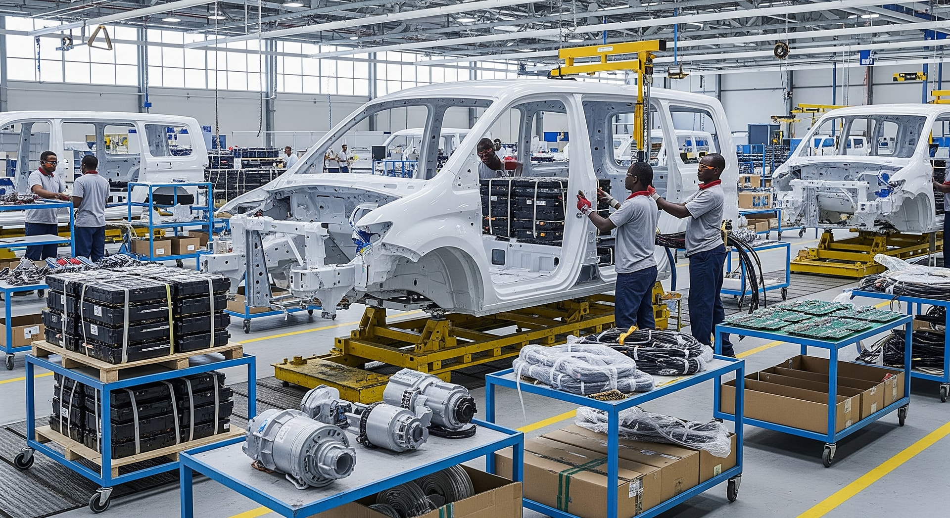 Electric van being assembled in a factory, illustrating electric van assembly in Africa with Chinese EV kits