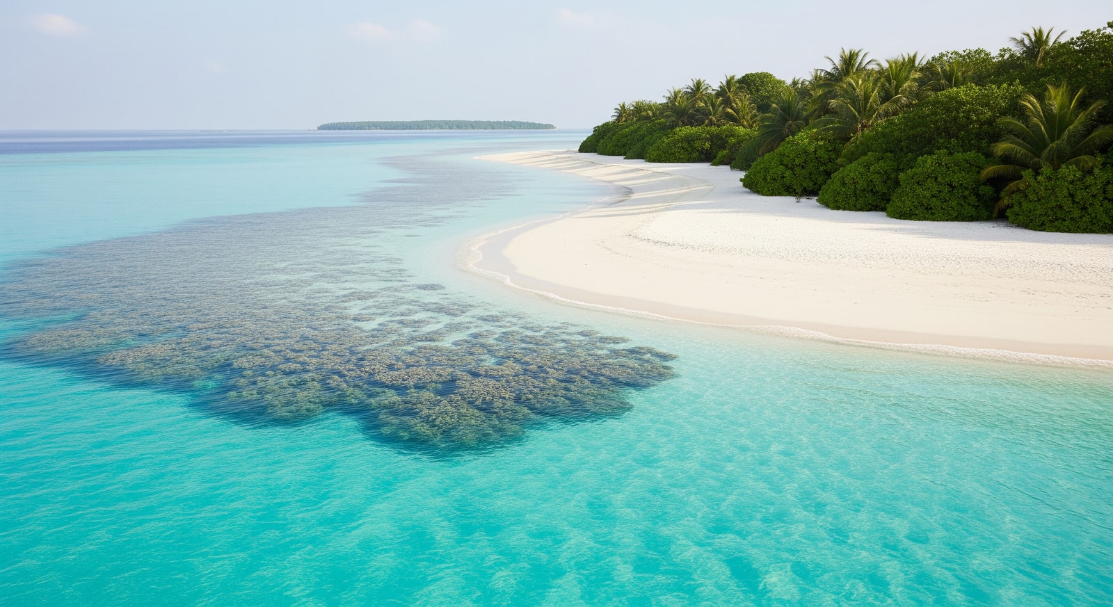 Ethereereu Island shoreline with turquoise lagoon, proposed site for Nobu Hotel Maldives and private residences