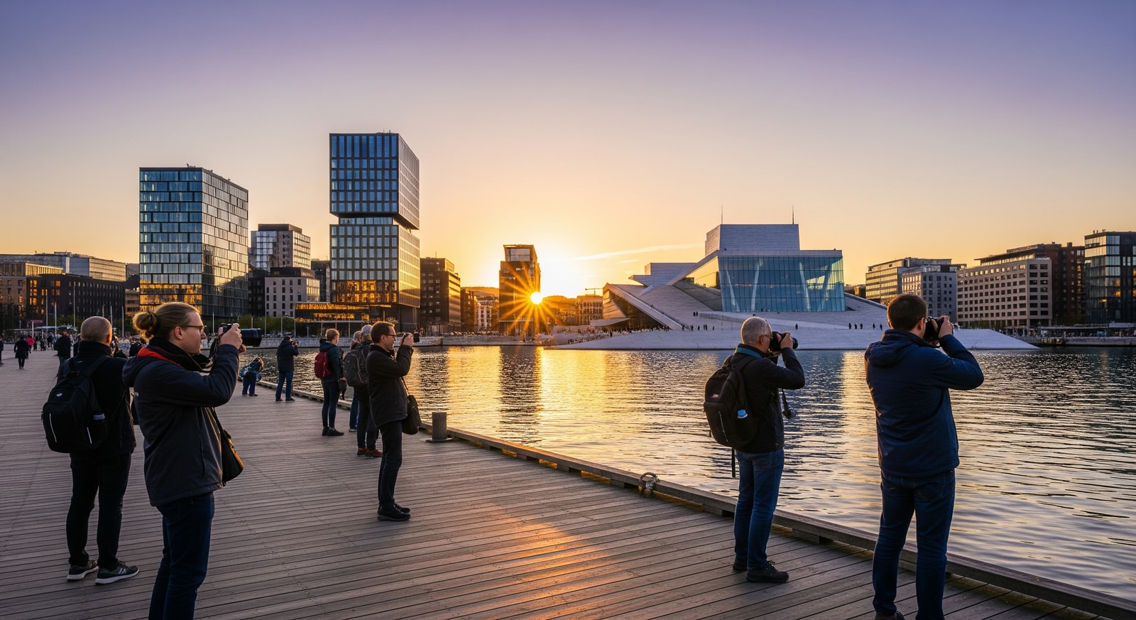 Tourists exploring Oslo waterfront and city skyline, reflecting Norway tourism trends