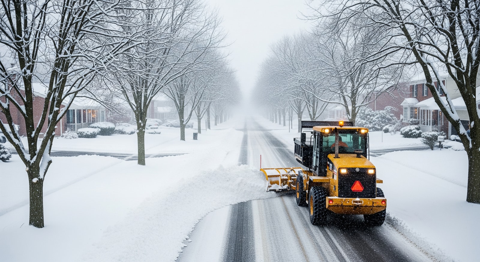 Snowplow clearing a residential street in Butler County during a winter storm