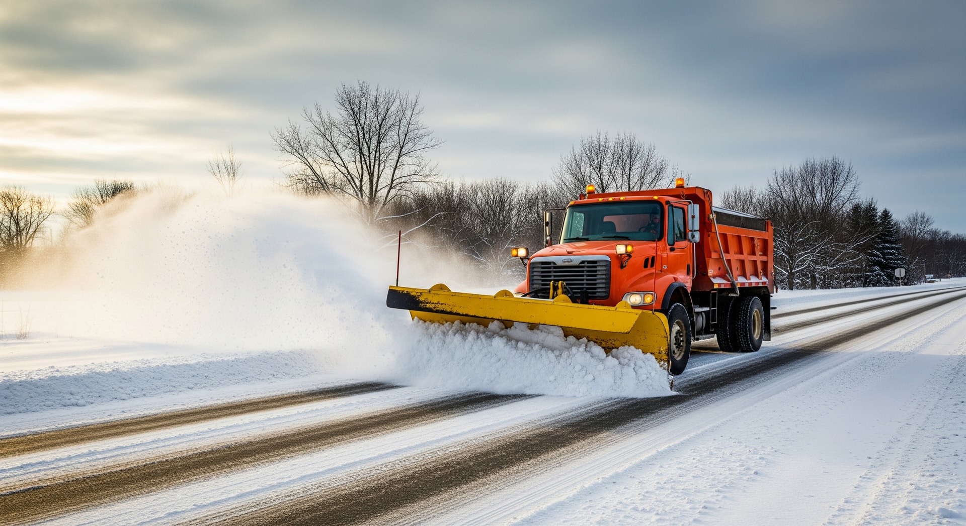 Snow-covered road with a snowplow clearing lanes in southwest Ohio