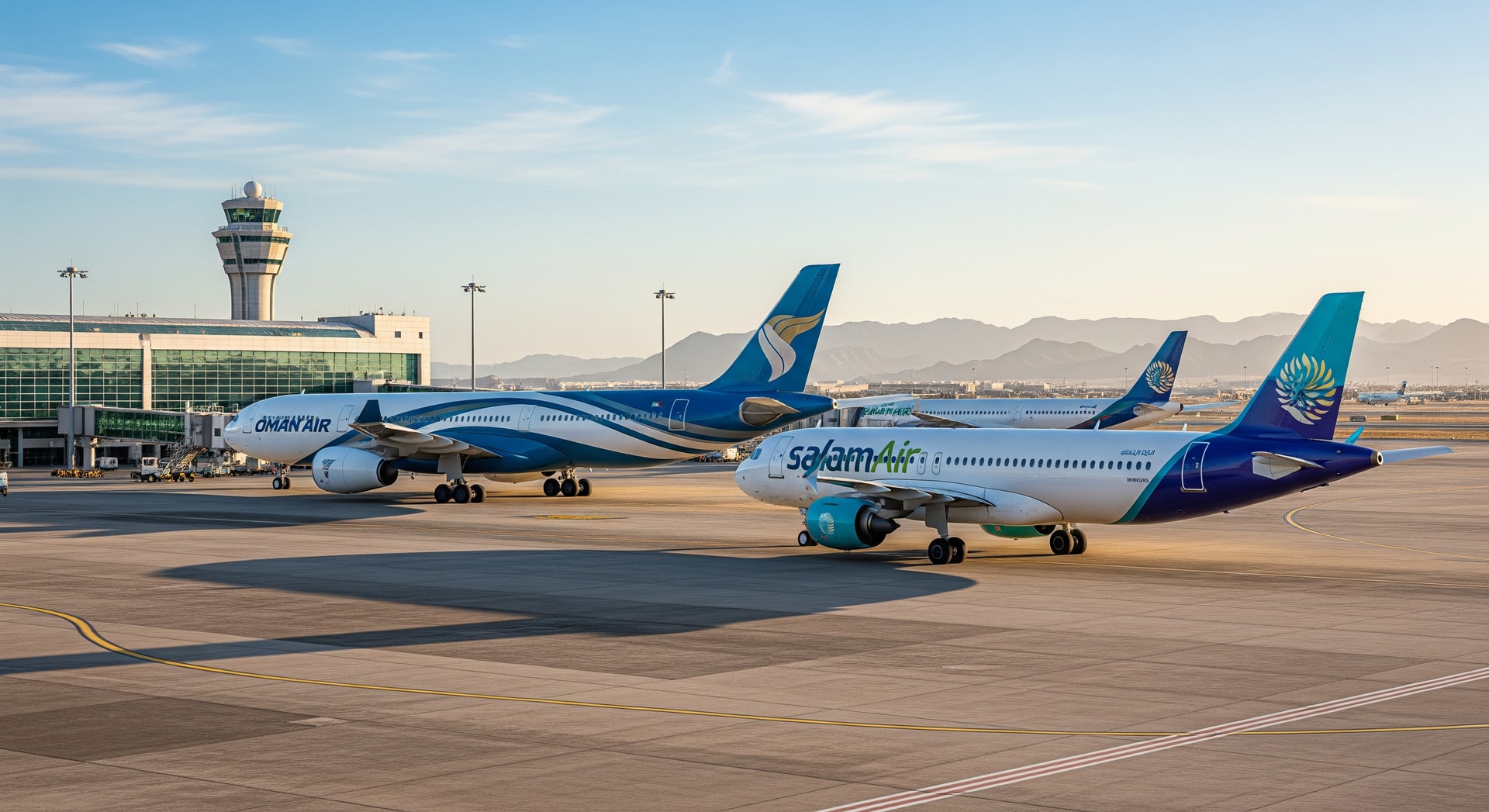 Oman Air and SalamAir aircraft on the tarmac at Muscat International Airport representing route expansion
