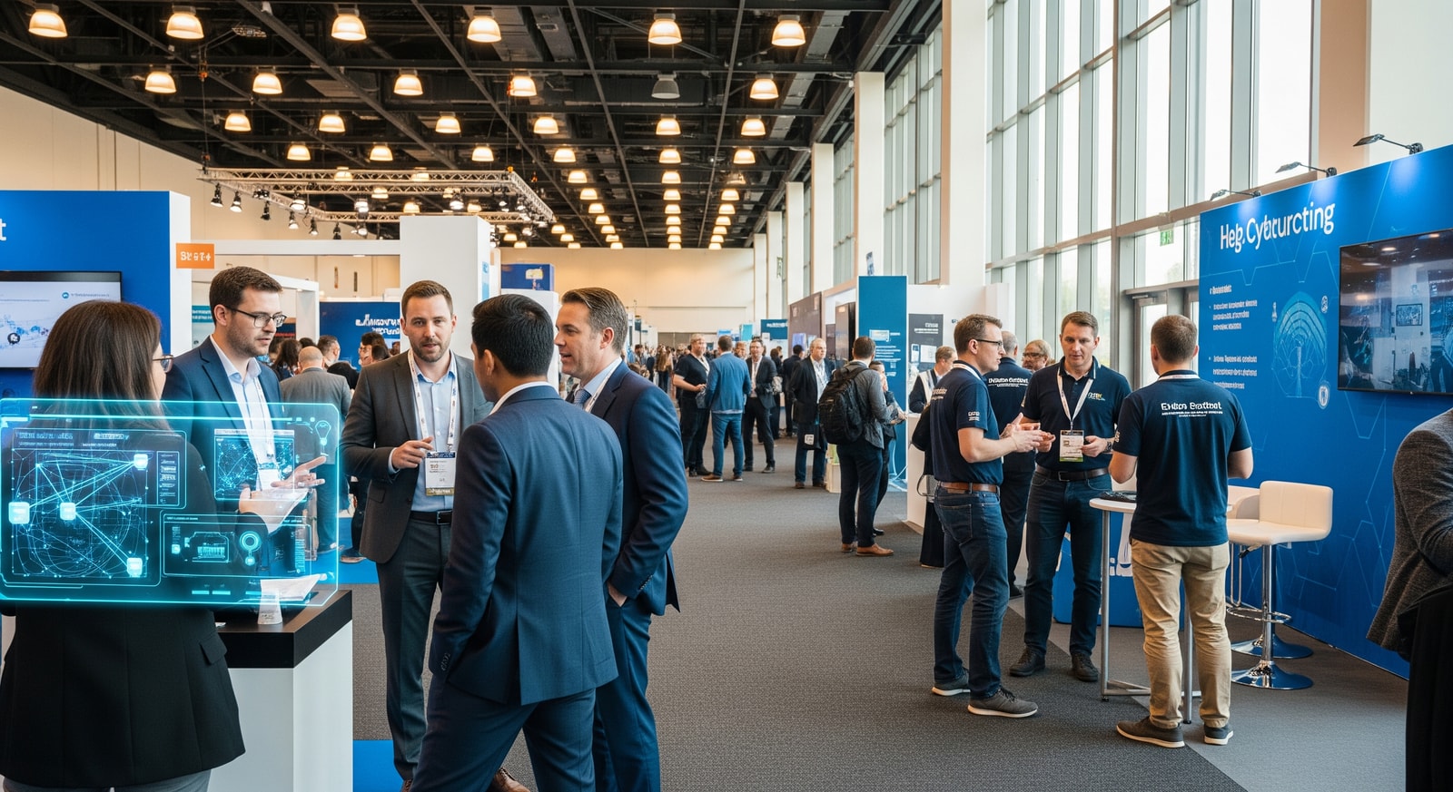 Delegates and exhibitors at a cybersecurity conference in a large convention centre