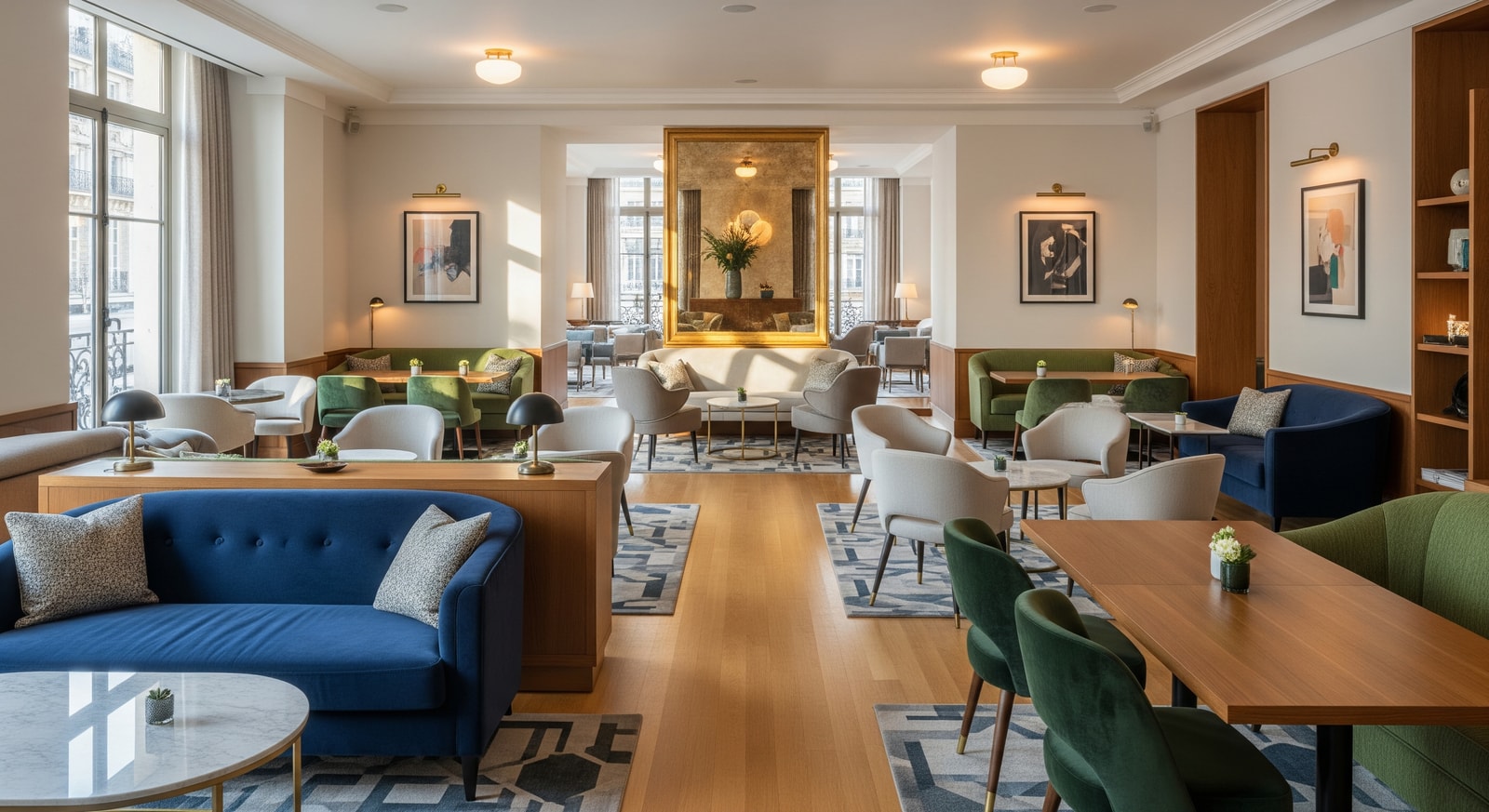 Interior lounge at the Paris Marriott Champs-Élysées showing redesigned social spaces and contemporary Parisian décor