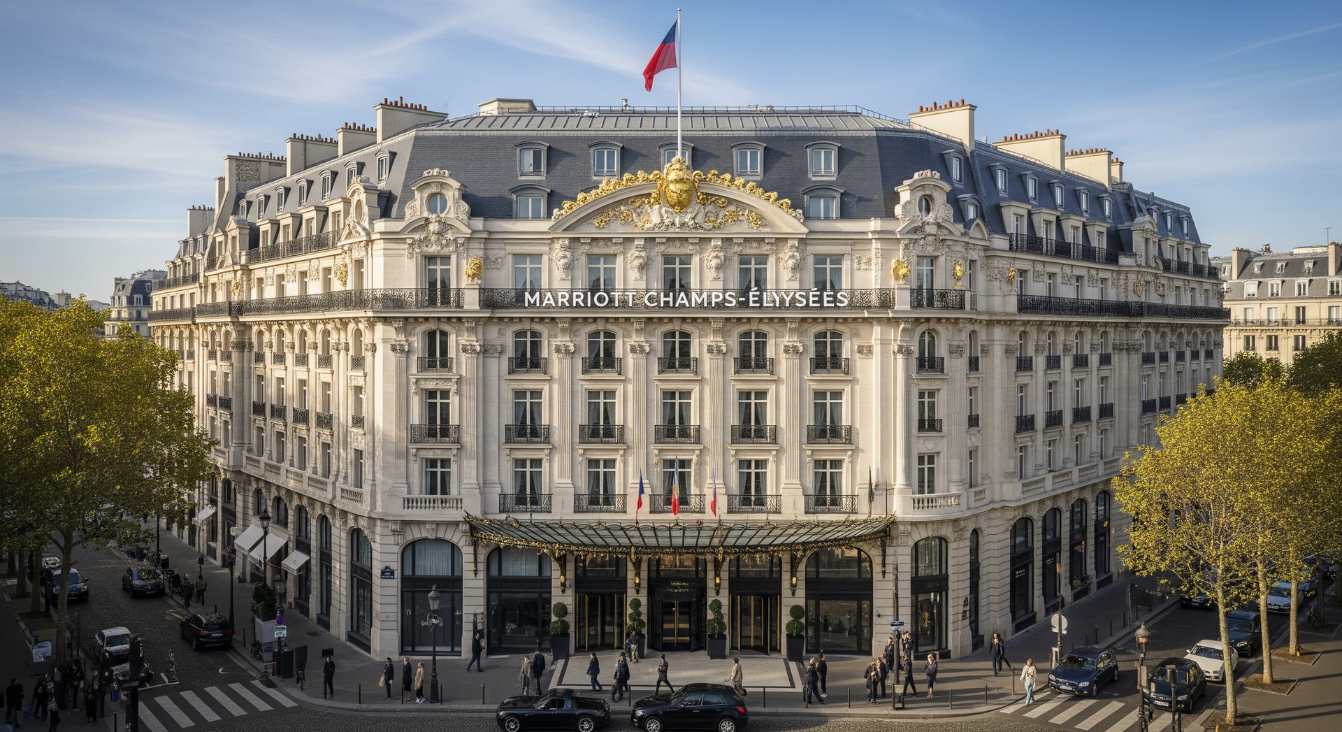 Exterior of the Paris Marriott Champs-Élysées on the avenue, following its couture-inspired renovation