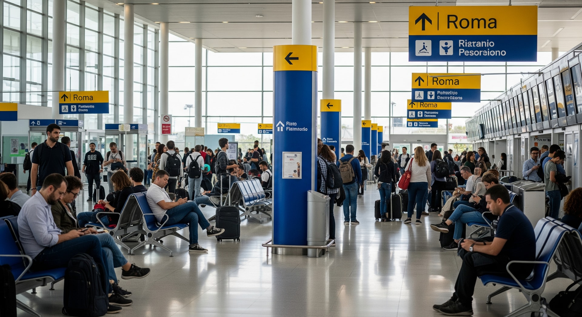 Passengers waiting at Rome Fiumicino terminal amid Italy flight delays