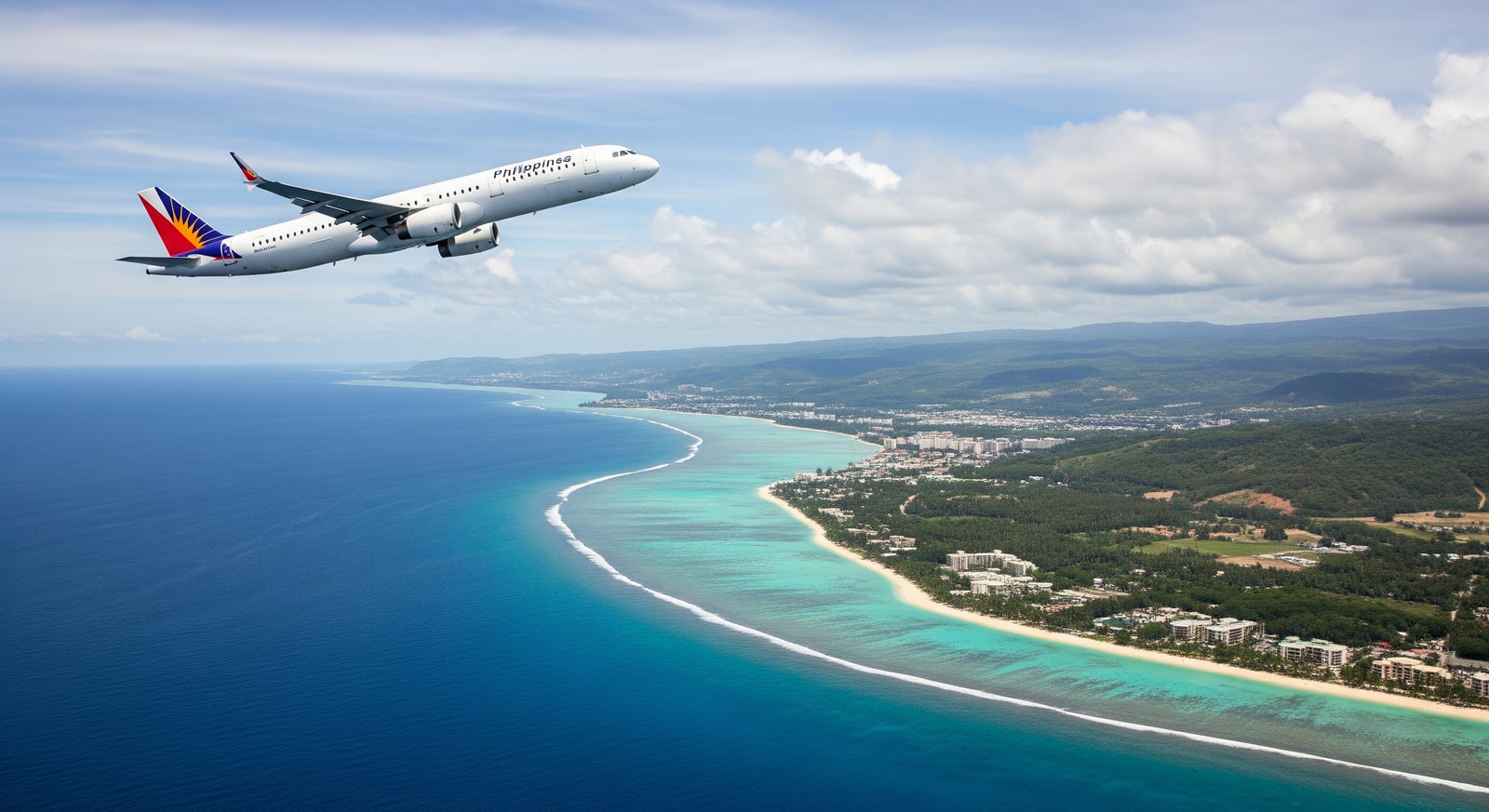 Philippine Airlines A321 over Saipan coastline, illustrating Manila–Saipan flight connectivity