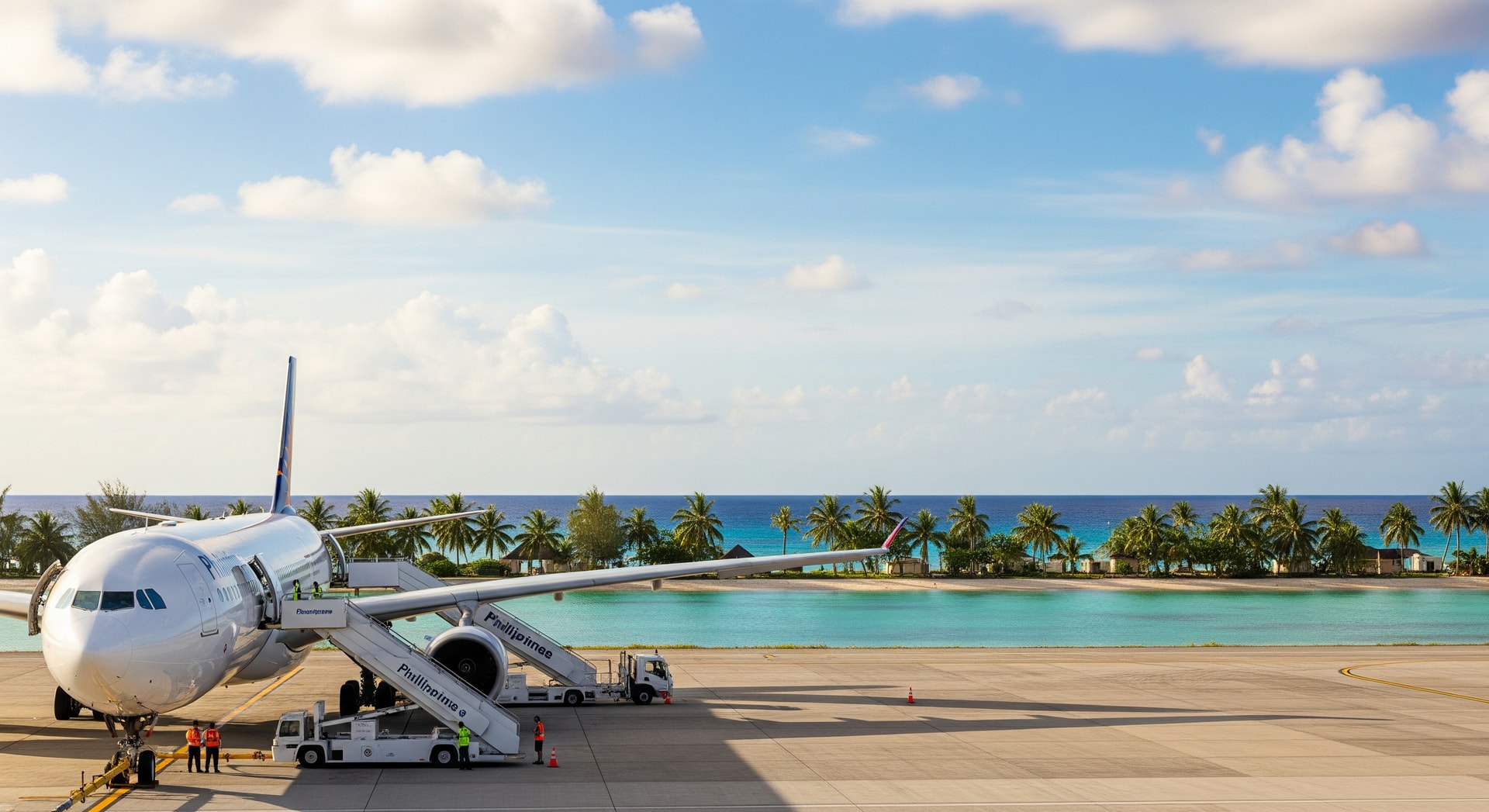 Philippine Airlines aircraft preparing for boarding with tropical Saipan coastline in the background