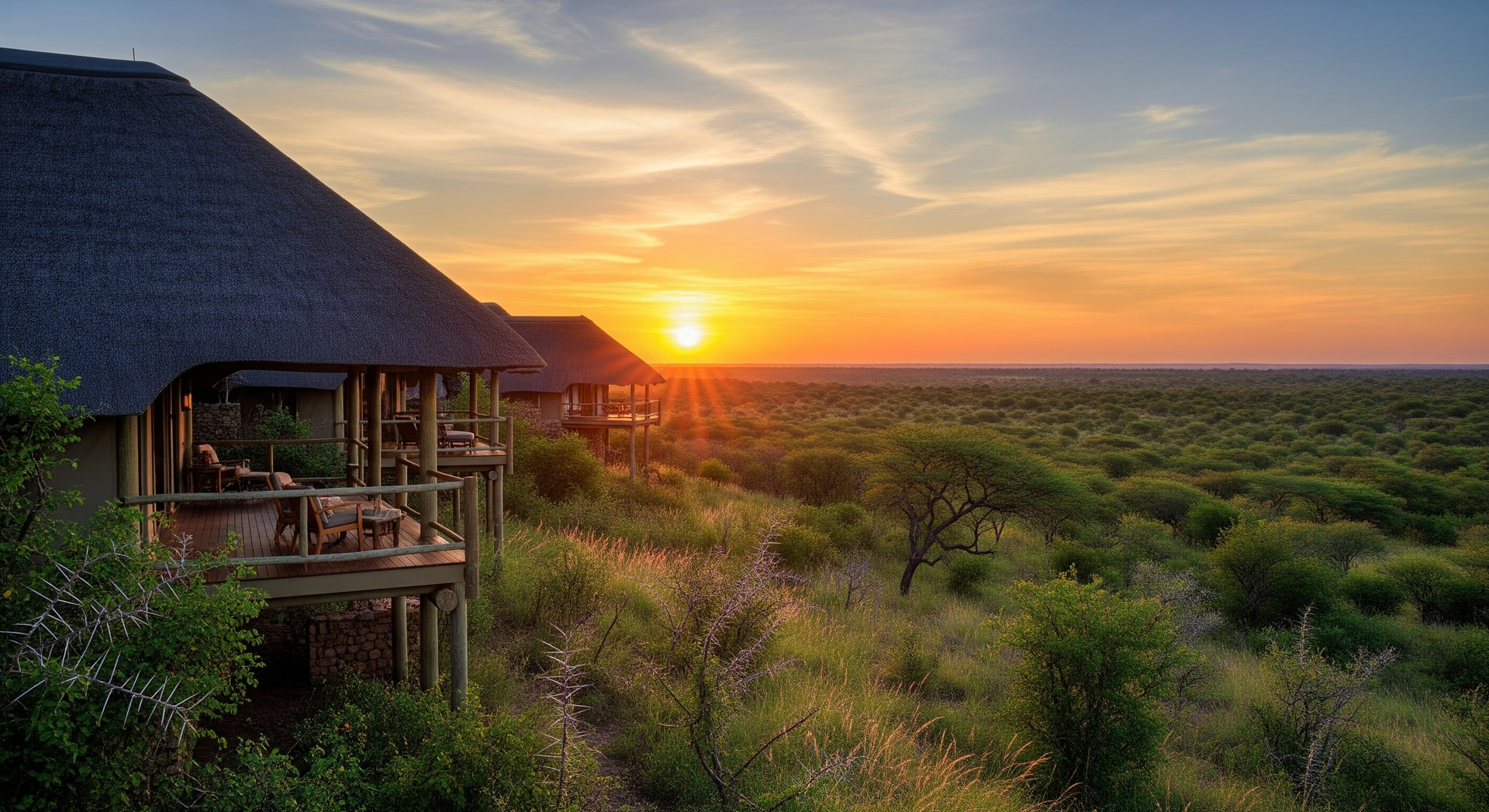 Thatched safari lodge suites overlooking bushland at Phinda Private Game Reserve in South Africa