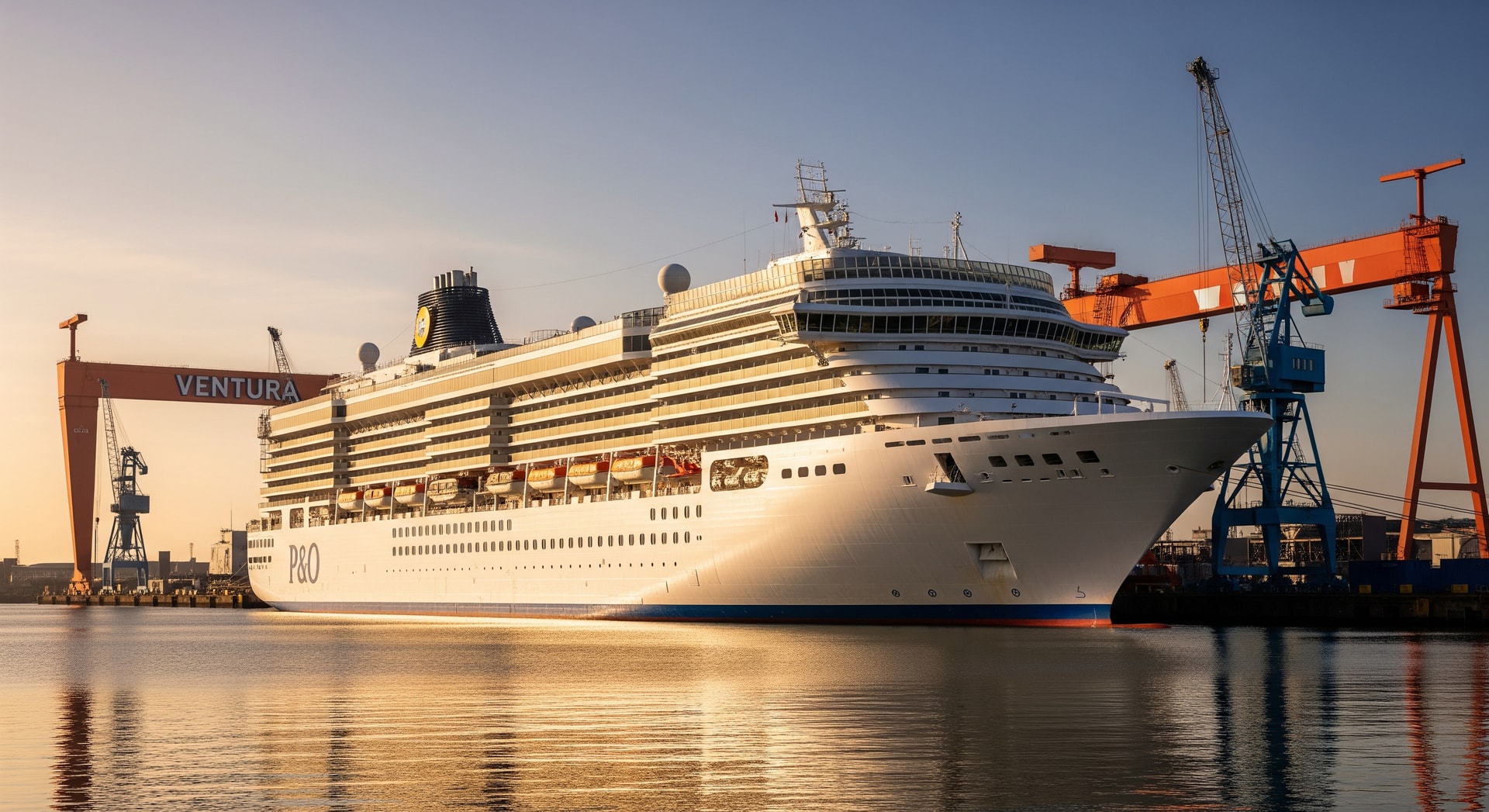 P&O Cruises Ventura docked at Damen Shipyard in Rotterdam after drydock