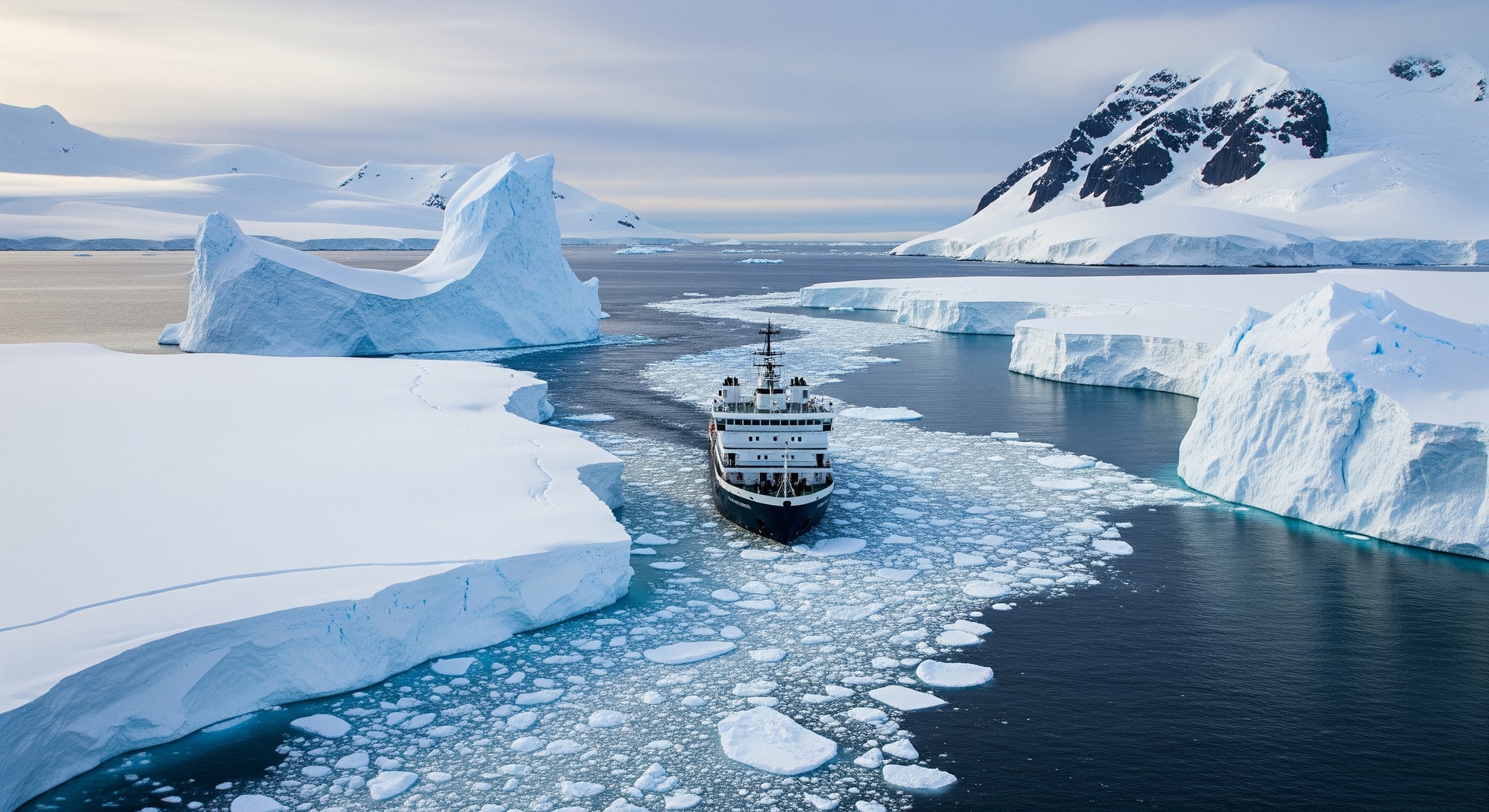 Le Commandant Charcot navigating polar ice near Antarctica with icy coastline in view