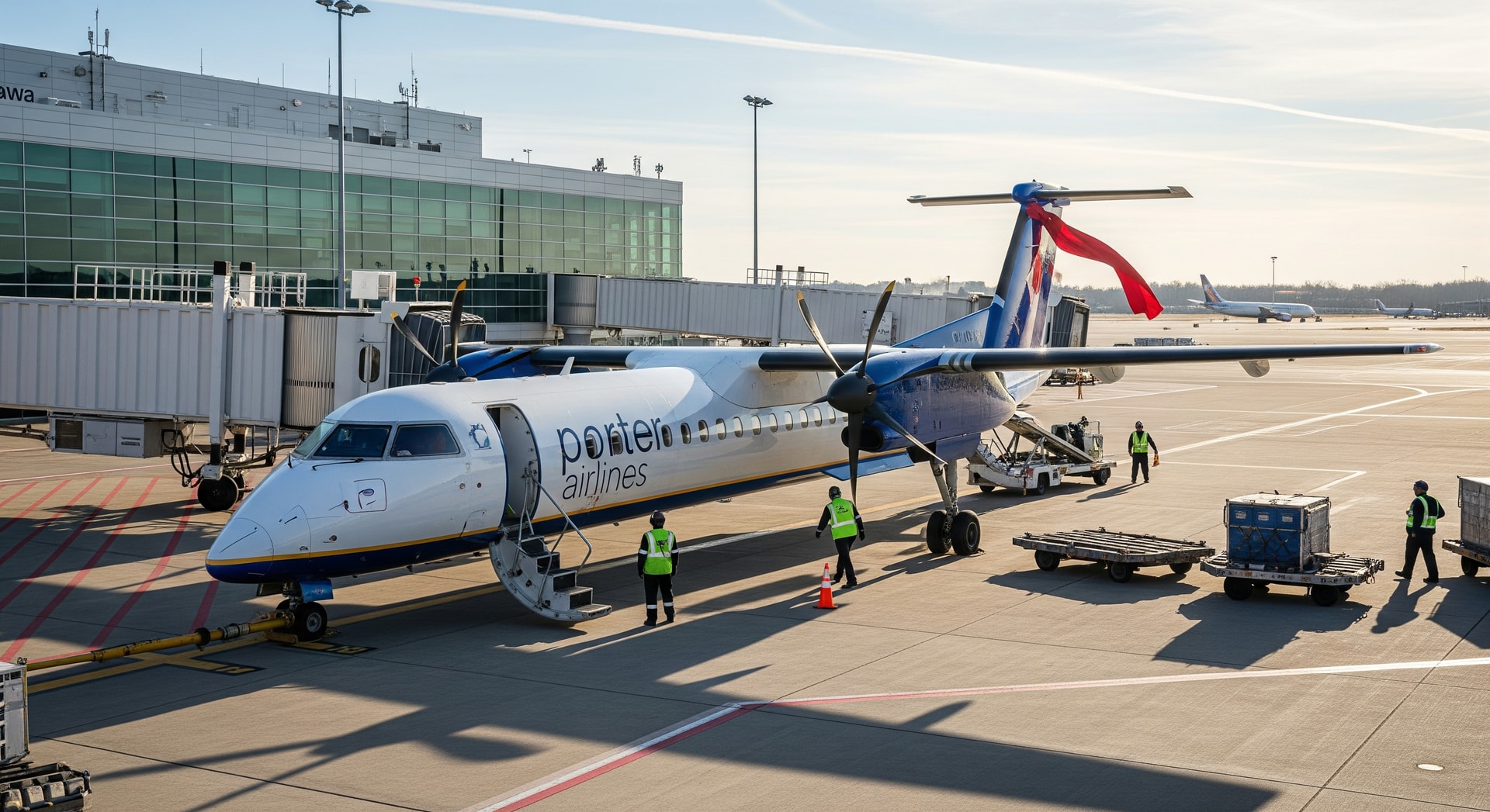 Porter Airlines aircraft at Ottawa International Airport preparing for boarding