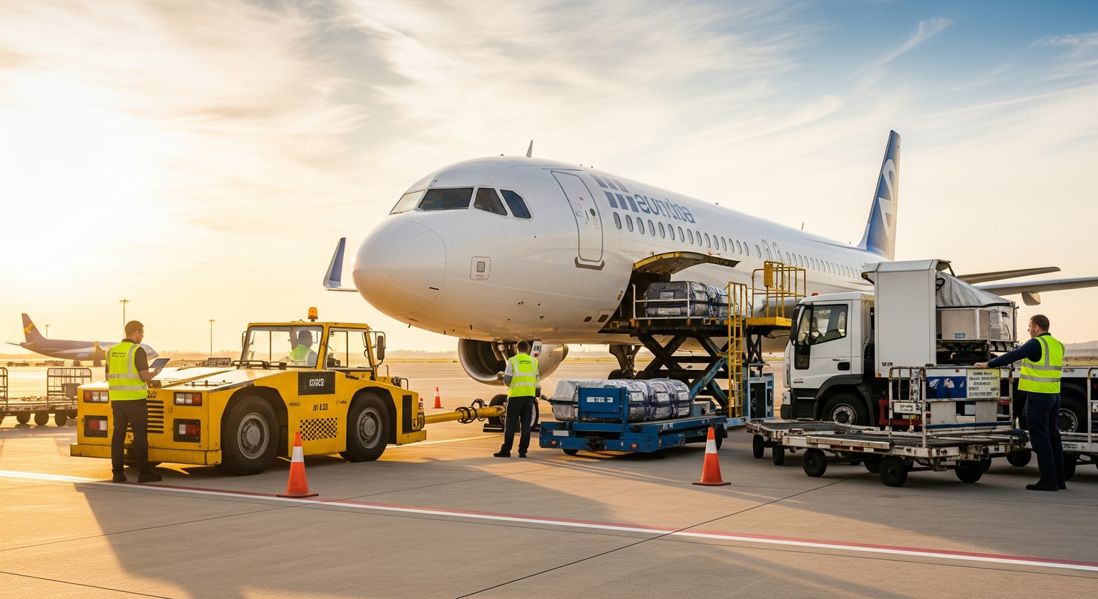 PrimeFlight and GAT ground handling staff servicing an aircraft apron with equipment