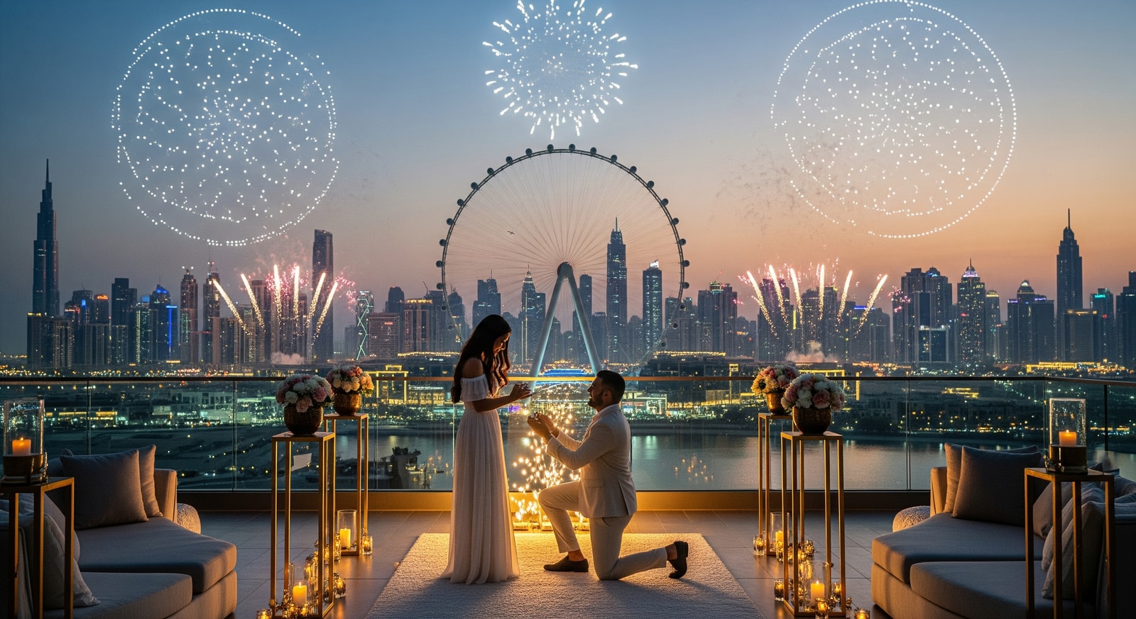 Private proposal set against the Dubai skyline with illuminated drones and fireworks over Ain Dubai