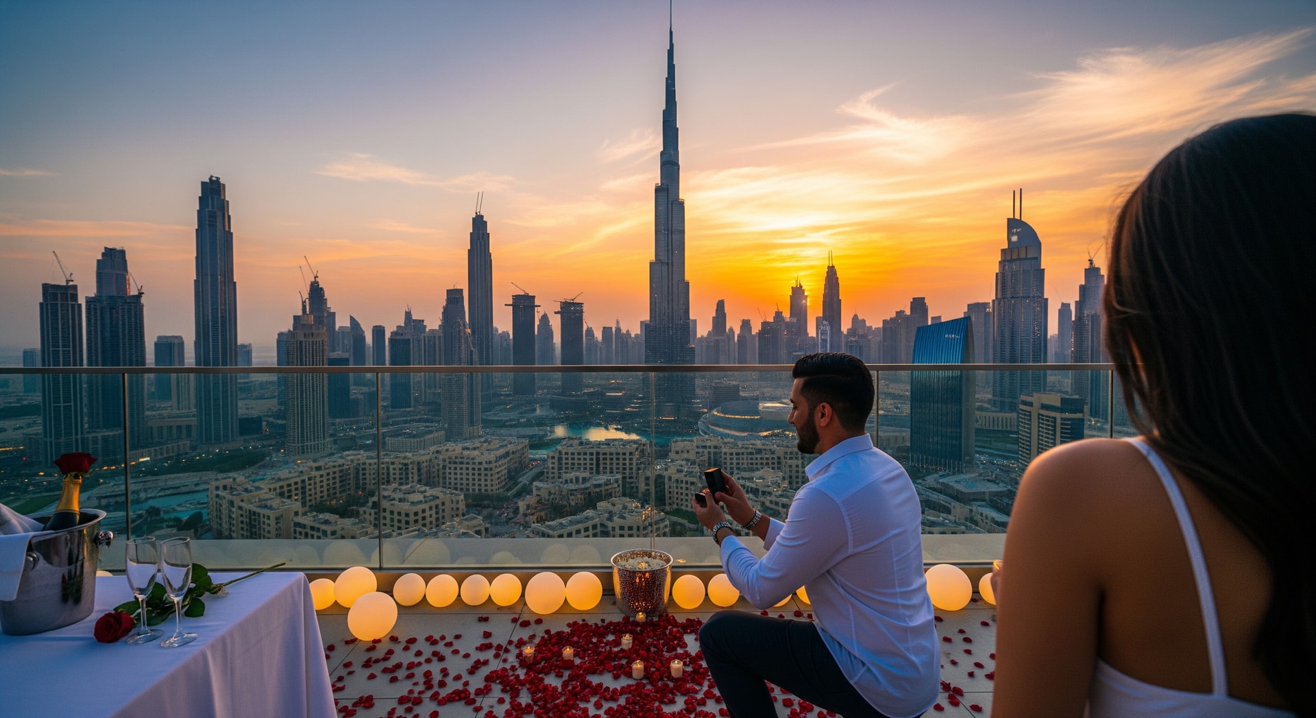 Luxurious rooftop proposal setting overlooking the Dubai skyline at sunset
