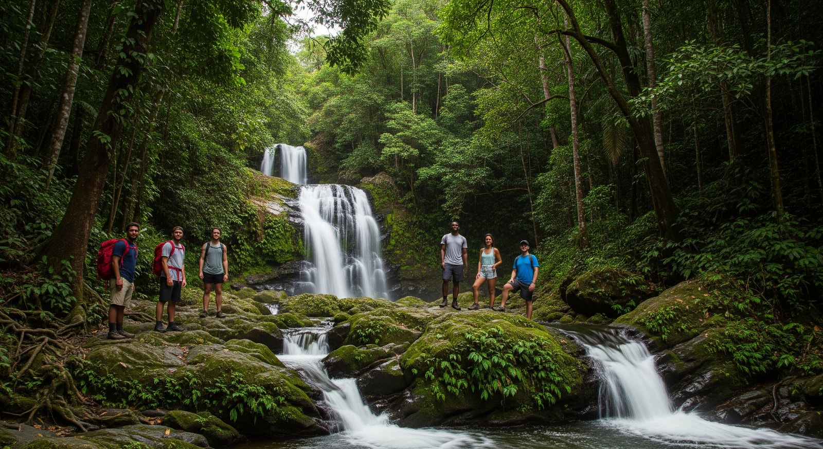 Hikers exploring El Yunque National Rainforest near waterfalls, Puerto Rico natural attractions