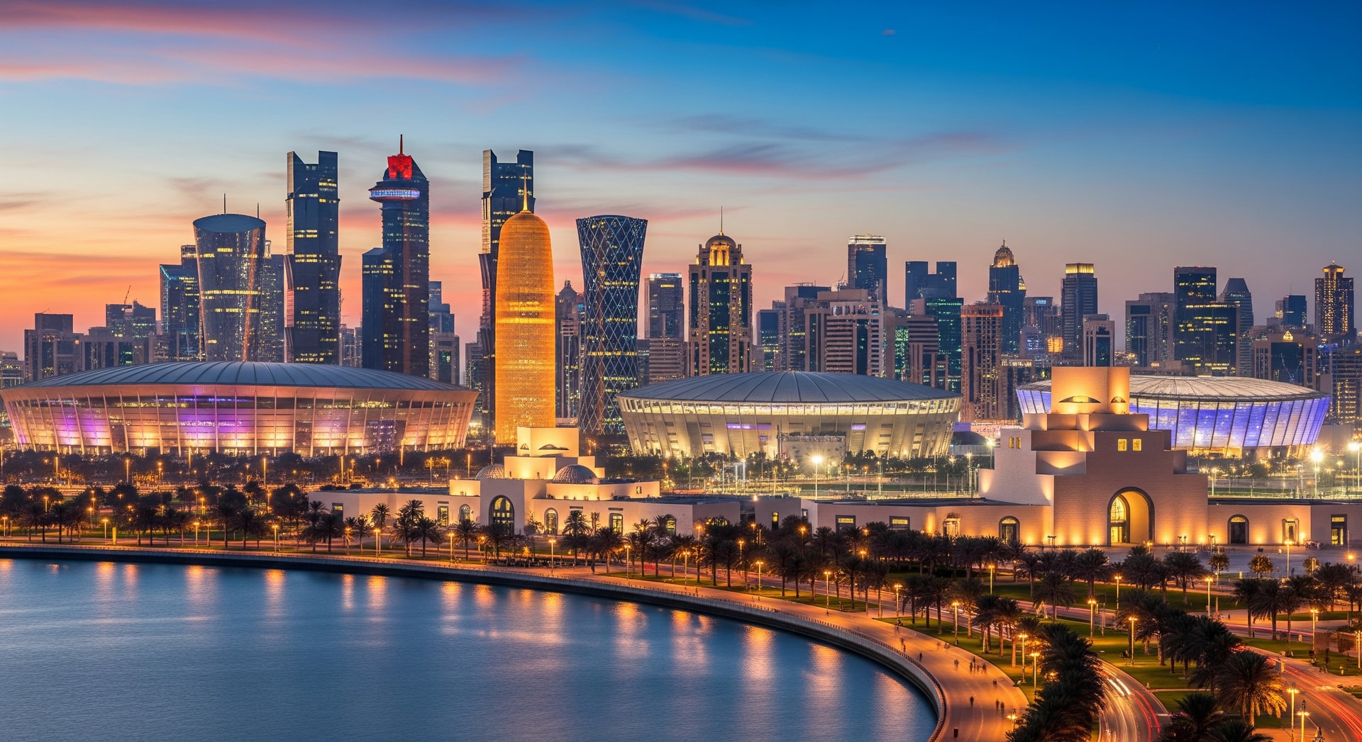 Doha skyline with stadiums and cultural landmarks highlighting Qatar tourism events