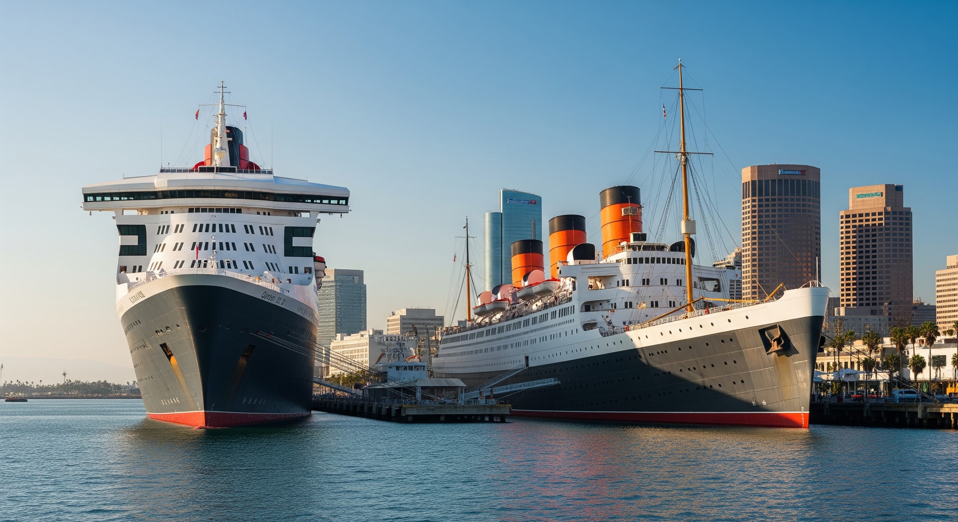 Queen Mary 2 alongside the retired Queen Mary at Long Beach waterfront