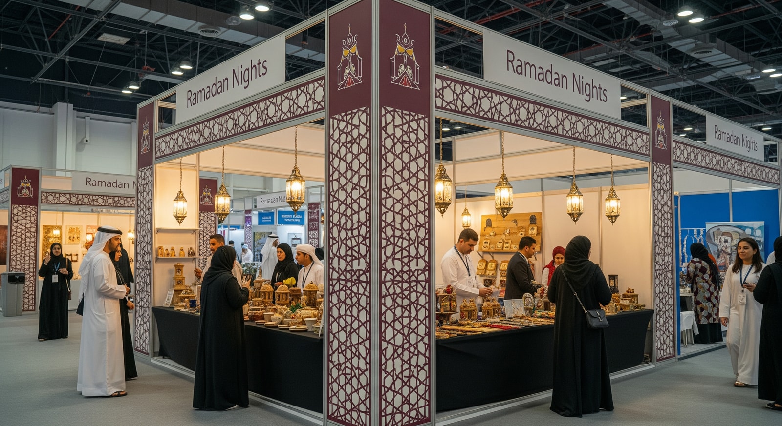 Visitors exploring stalls and cultural displays at Ramadan Nights in Expo Centre Sharjah, showcasing shopping and cultural activities