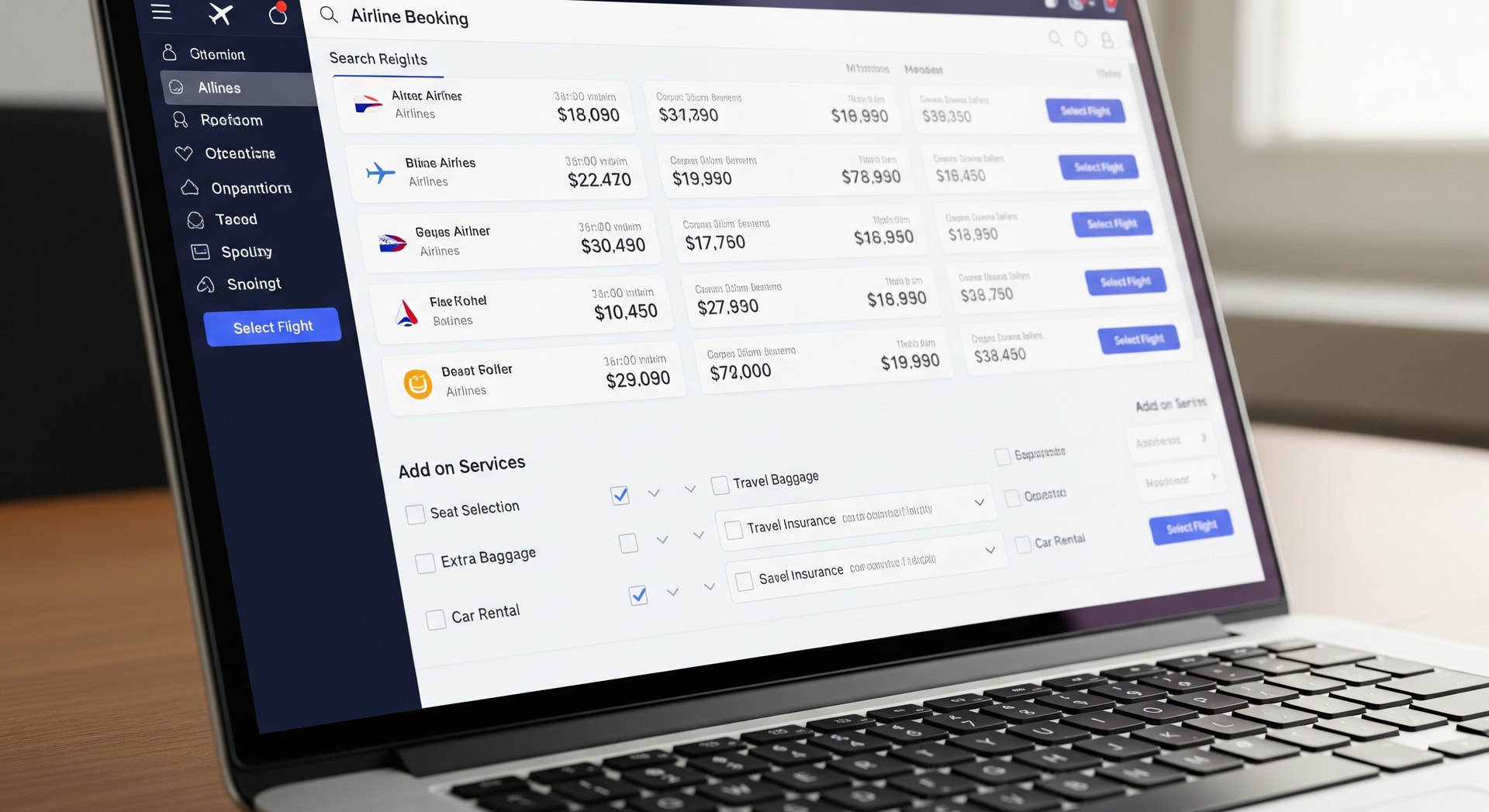 Airline booking interface on a laptop showing flight options and add-on services