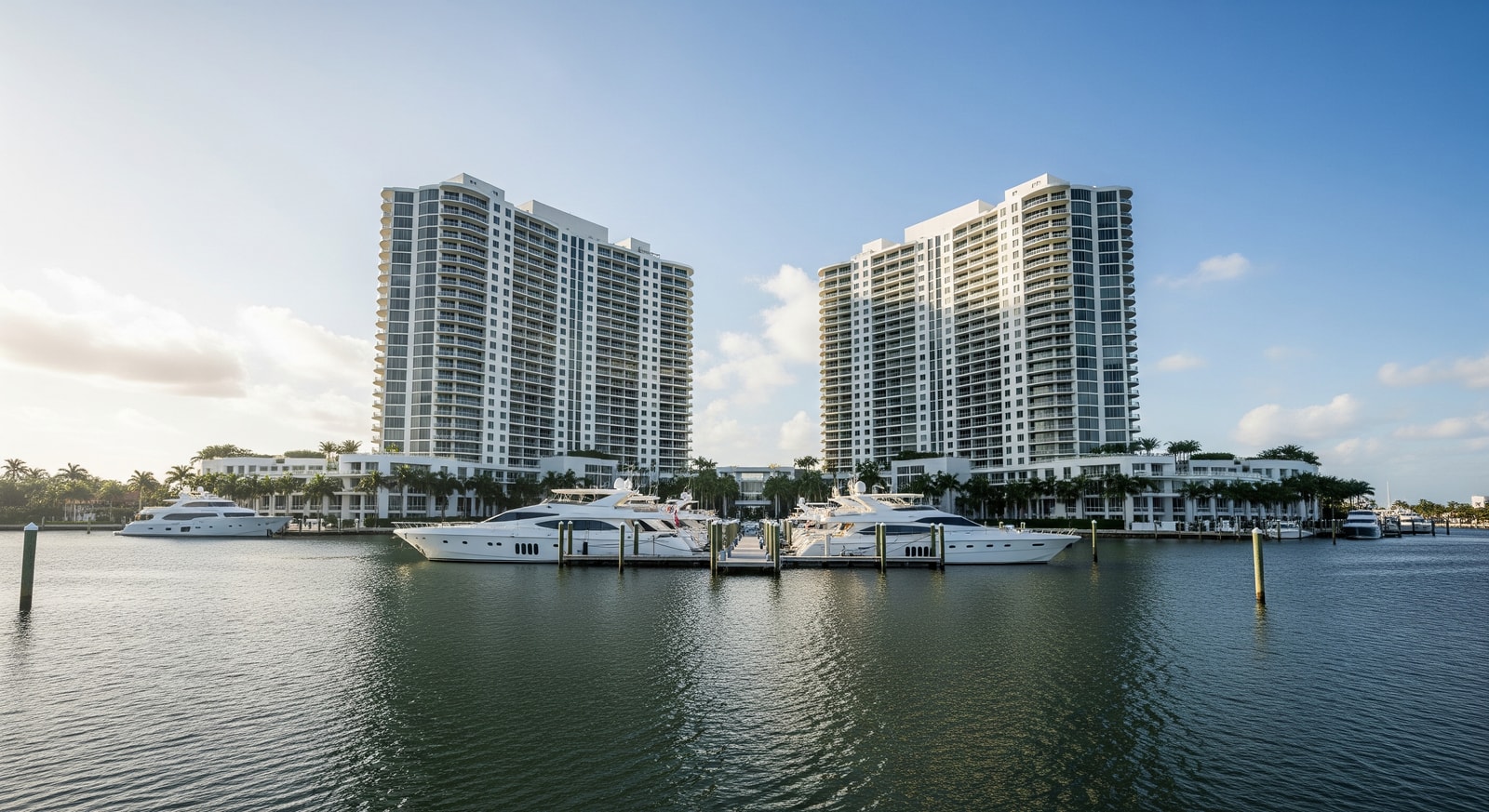 Waterfront view of The Ritz-Carlton Residences Fort Lauderdale Beach showcasing dual-tower development and marine access
