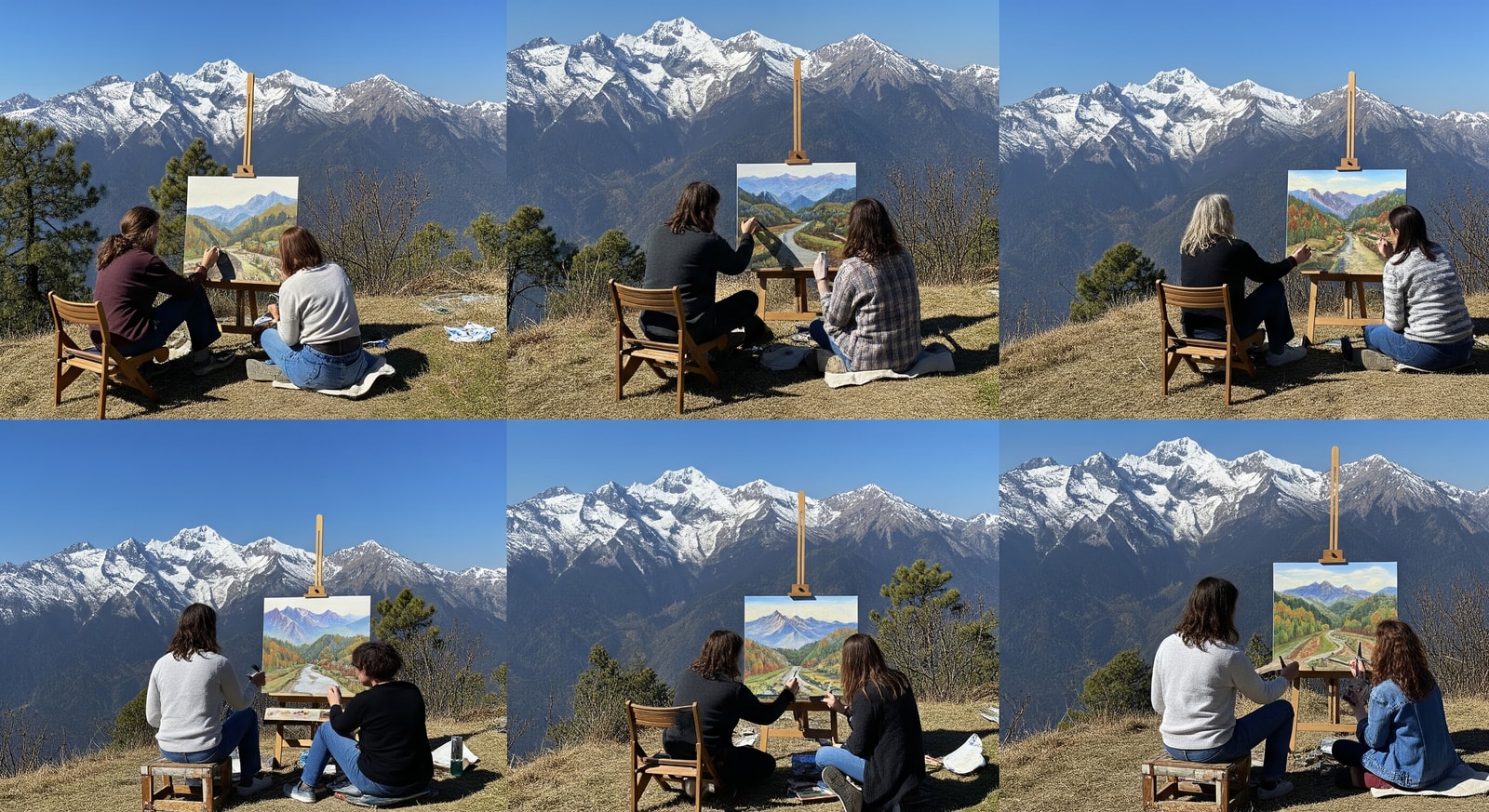 Artists painting with Himalayan mountain views at jüSTa Mukteshwar during Chitrashaala 2026 residency
