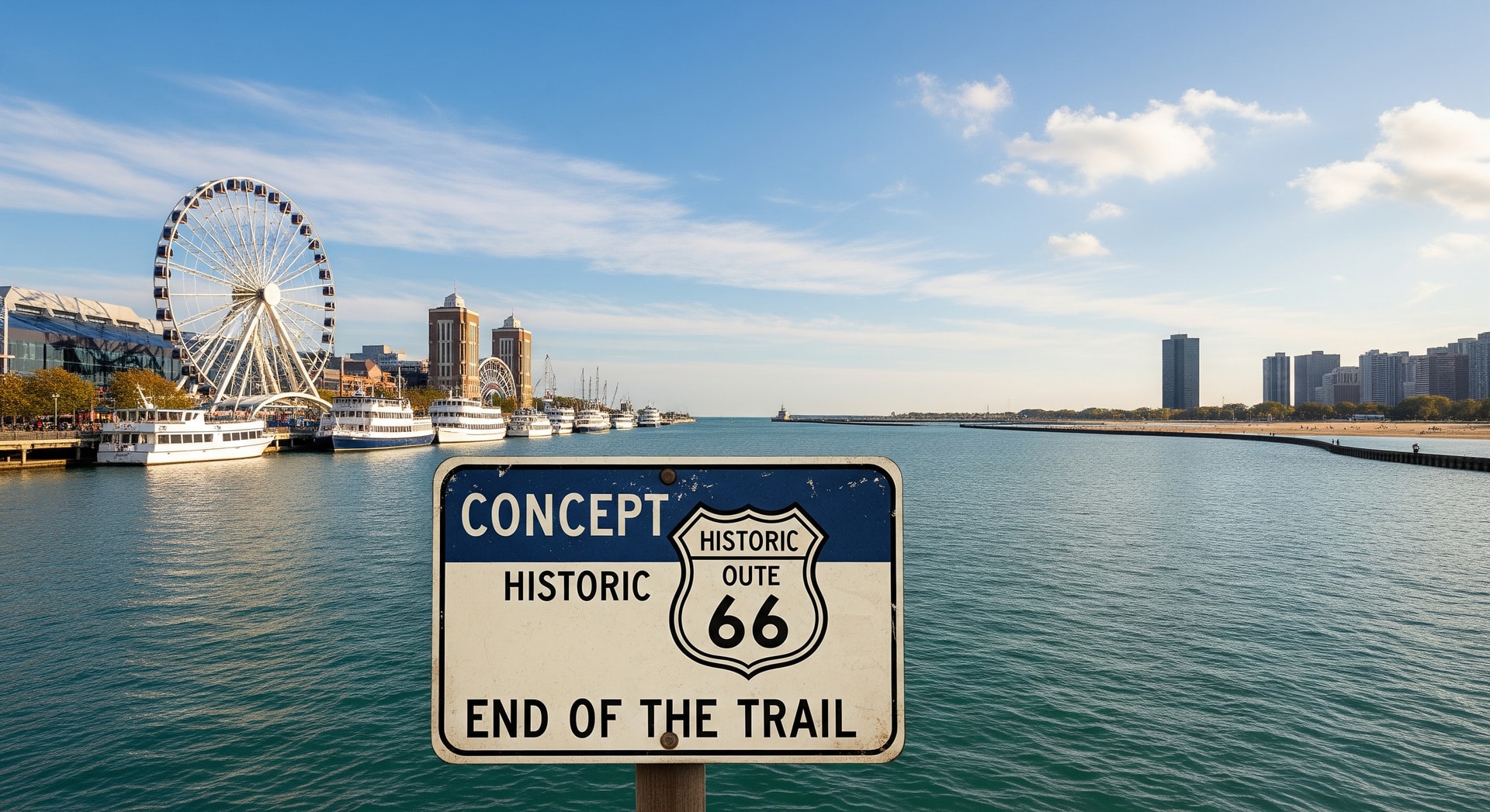 Navy Pier with Lake Michigan shoreline and a Route 66 sign concept