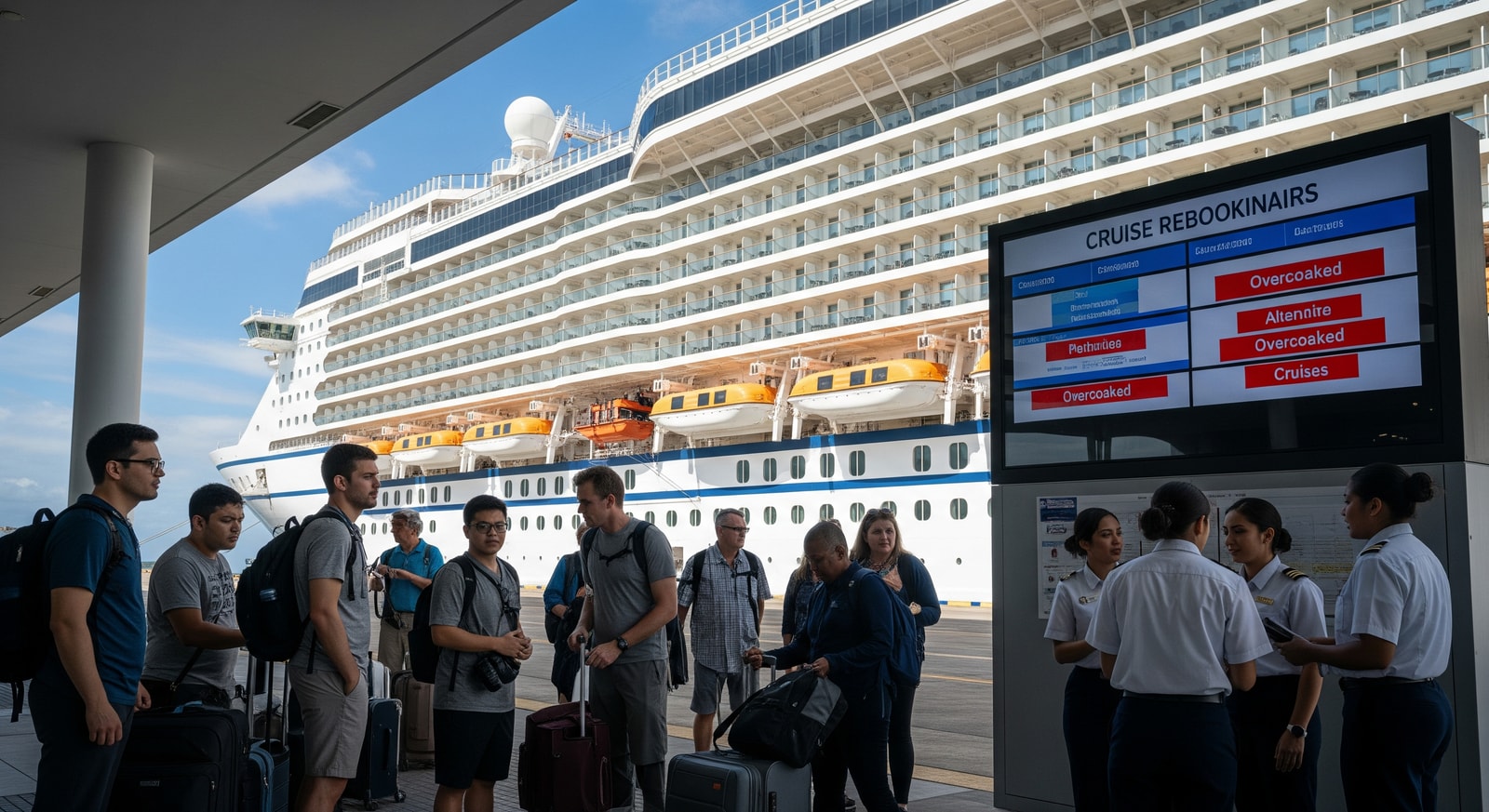 Cruise passengers at a port terminal with a large ship in the background, illustrating cruise overbooking and rebooking options