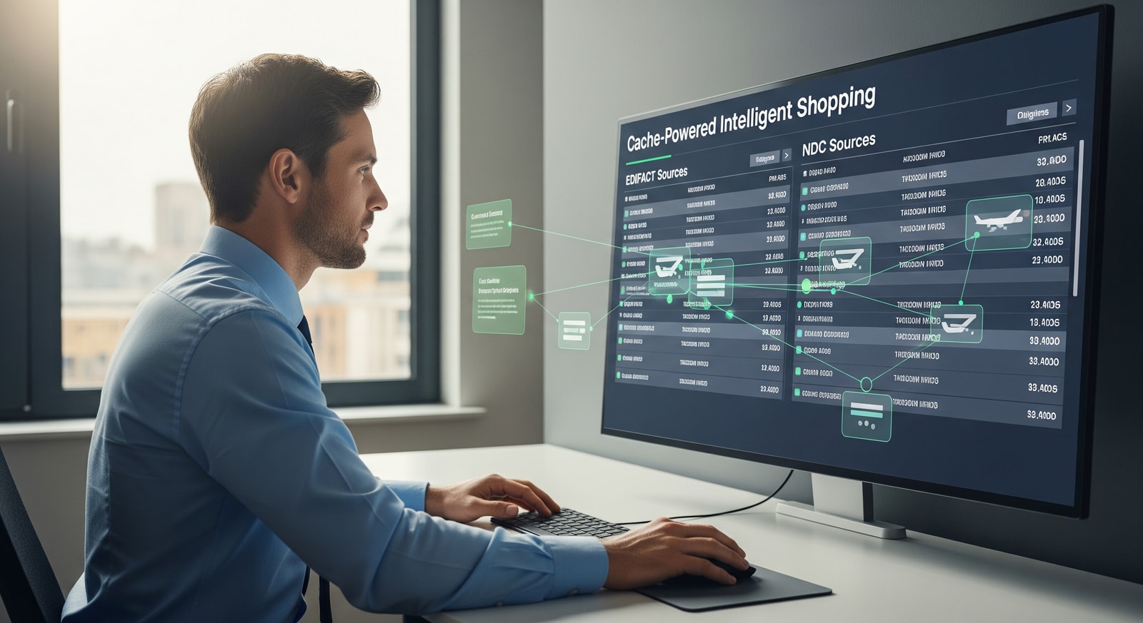 Travel agent comparing flight offers from EDIFACT and NDC sources on a dashboard, illustrating cache-powered intelligent shopping