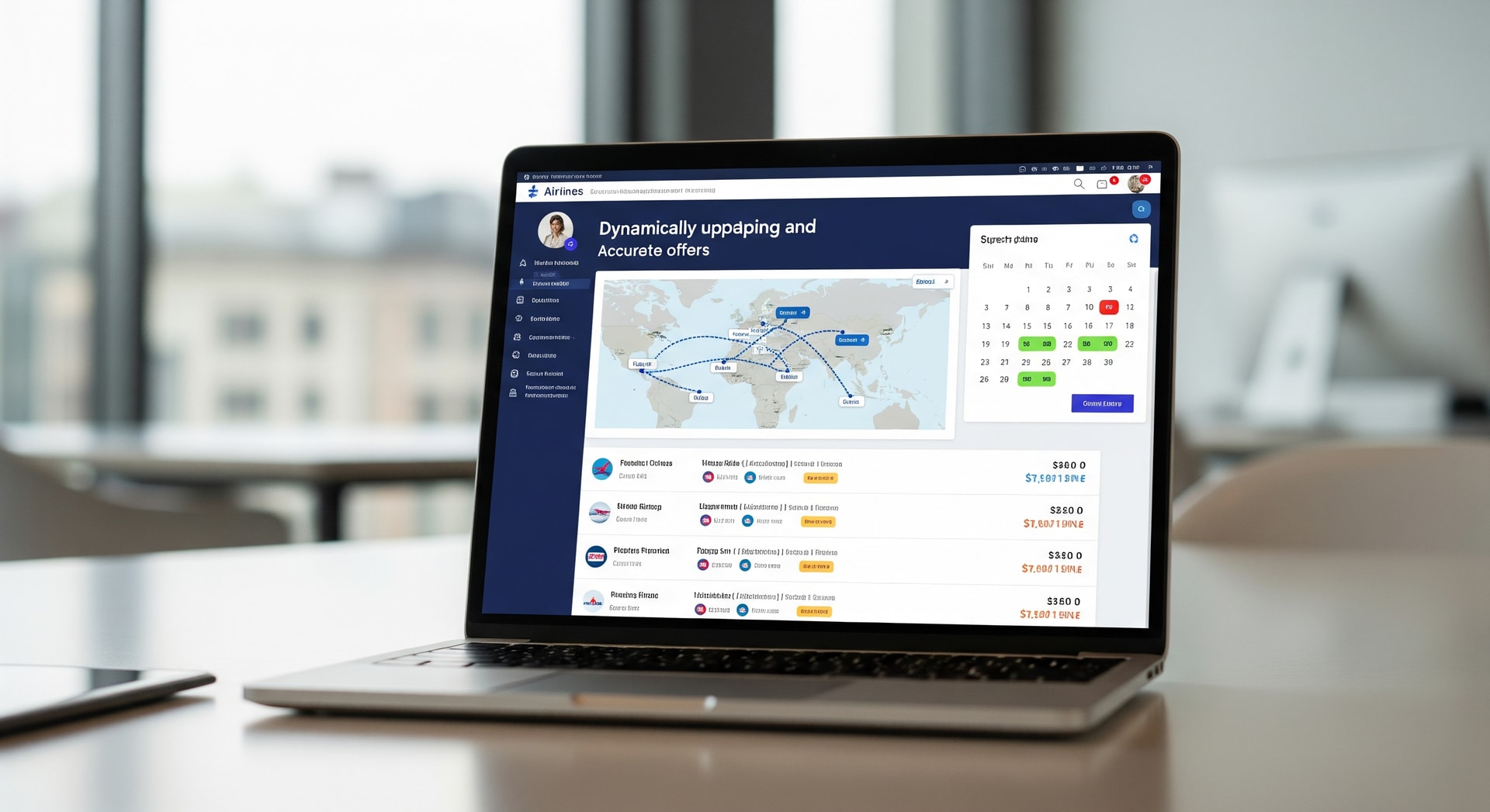 Airline search results displayed on a laptop screen, representing faster flight shopping and offer accuracy