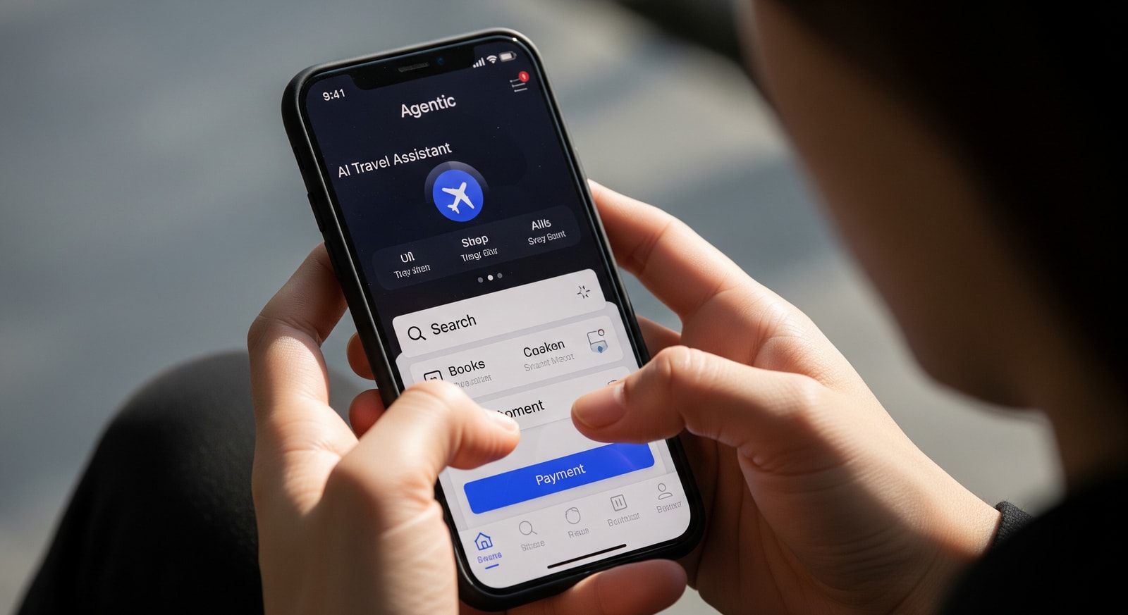 Agentic AI travel assistant on mobile integrating search, booking and payments