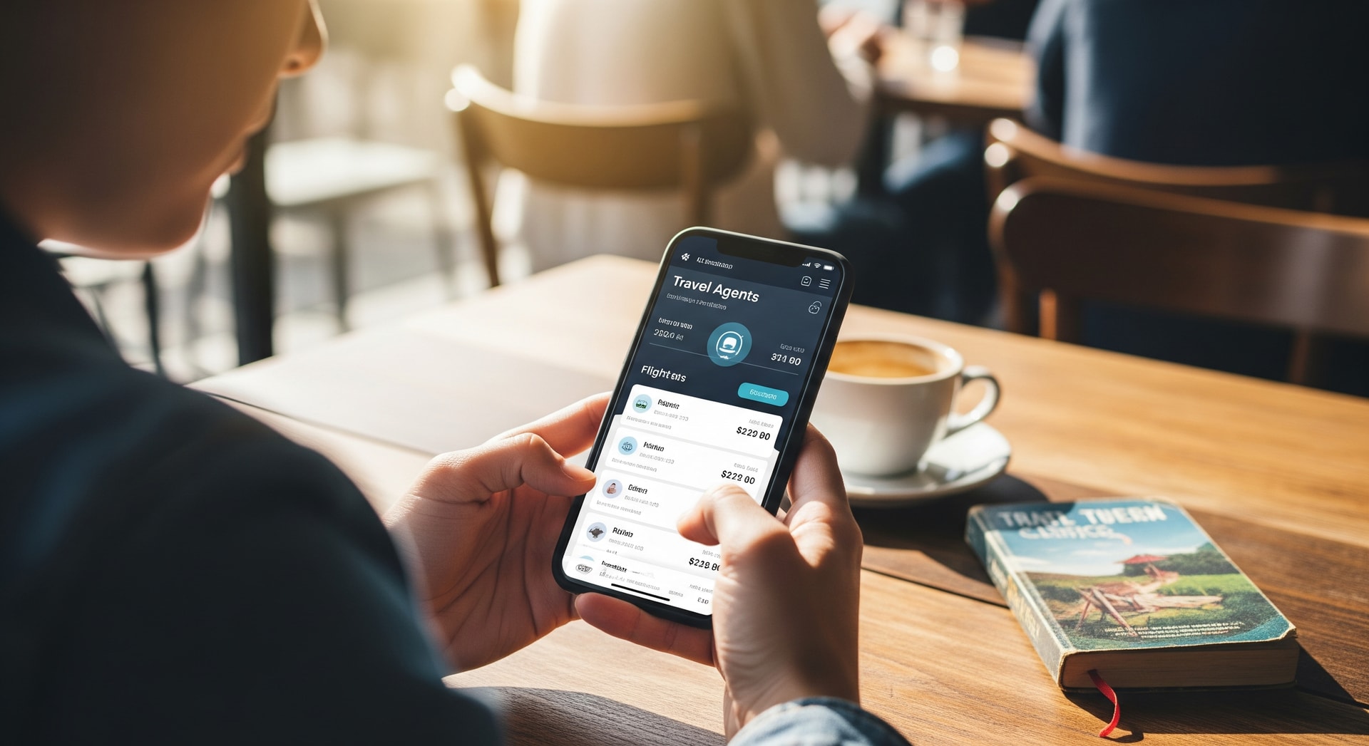 Traveller using an agentic AI travel assistant on a smartphone to search and book flights