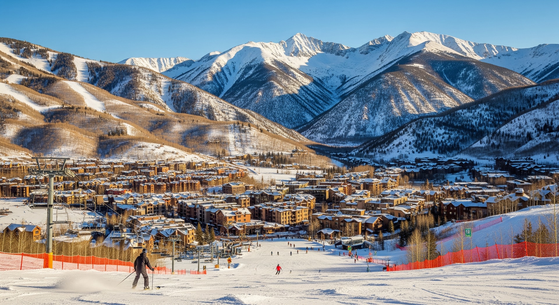 Ski slopes and resort village at Aspen with snow-covered mountains in the background