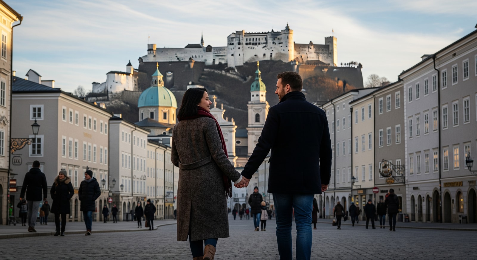 Couple walking in Salzburg Old Town with Hohensalzburg Fortress visible — Salzburg Valentine’s Day destination