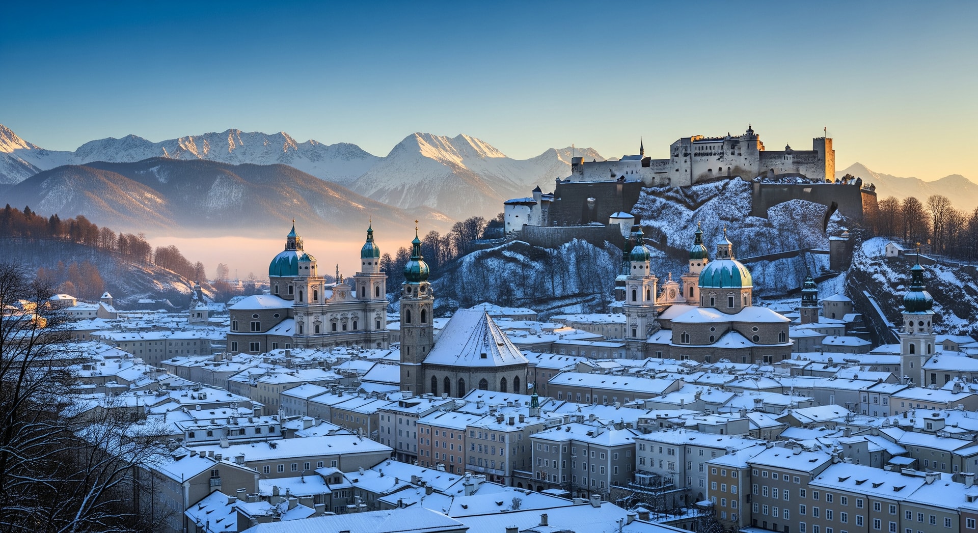 Snowy view of Salzburg Old Town with Hohensalzburg Fortress and the Alps — romantic Valentine’s Day destination