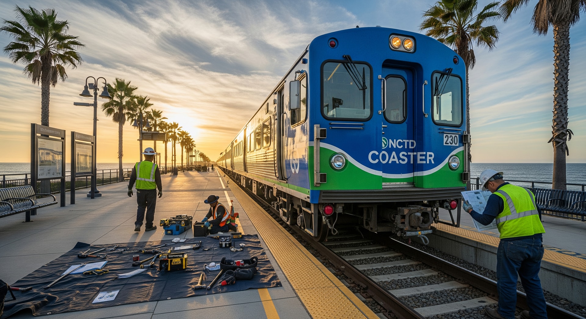 NCTD COASTER train at a San Diego coastal platform during maintenance
