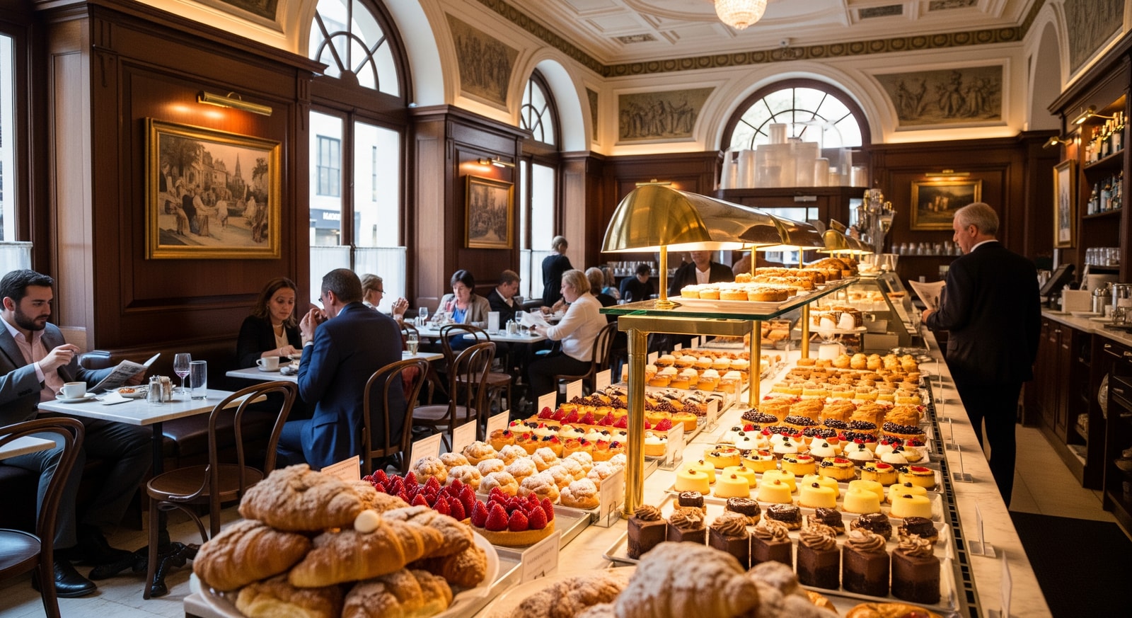 Interior of a Sant Ambroeus café showing Italian pastry display and café seating, reflecting brand expansion in the US
