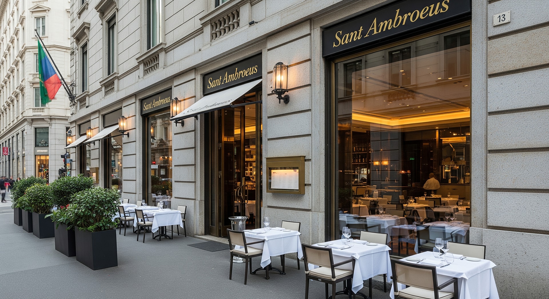 Exterior of a Sant Ambroeus café blending Milanese design with modern American hospitality