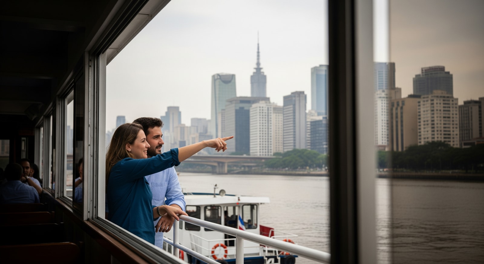Couple enjoying a river cruise on the Tietê River with São Paulo skyline in the background