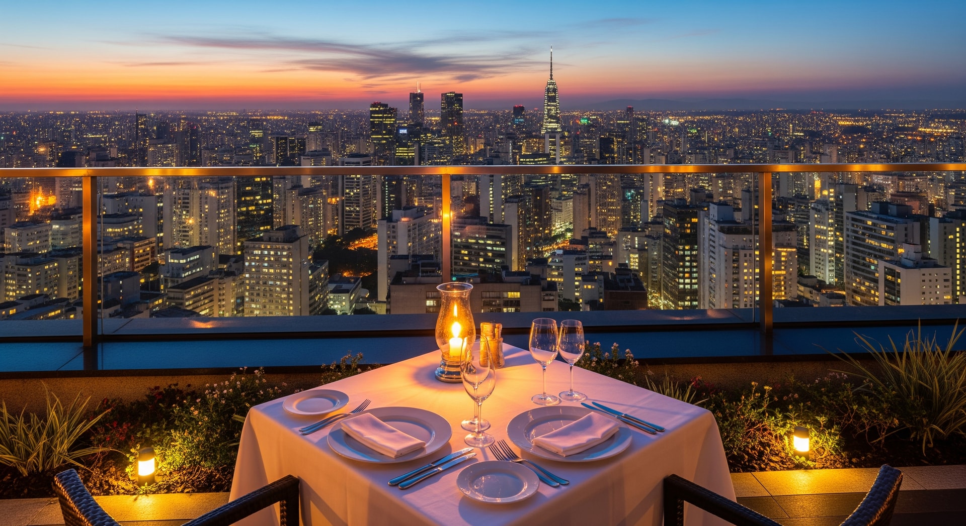 São Paulo skyline at twilight with romantic rooftop dining views