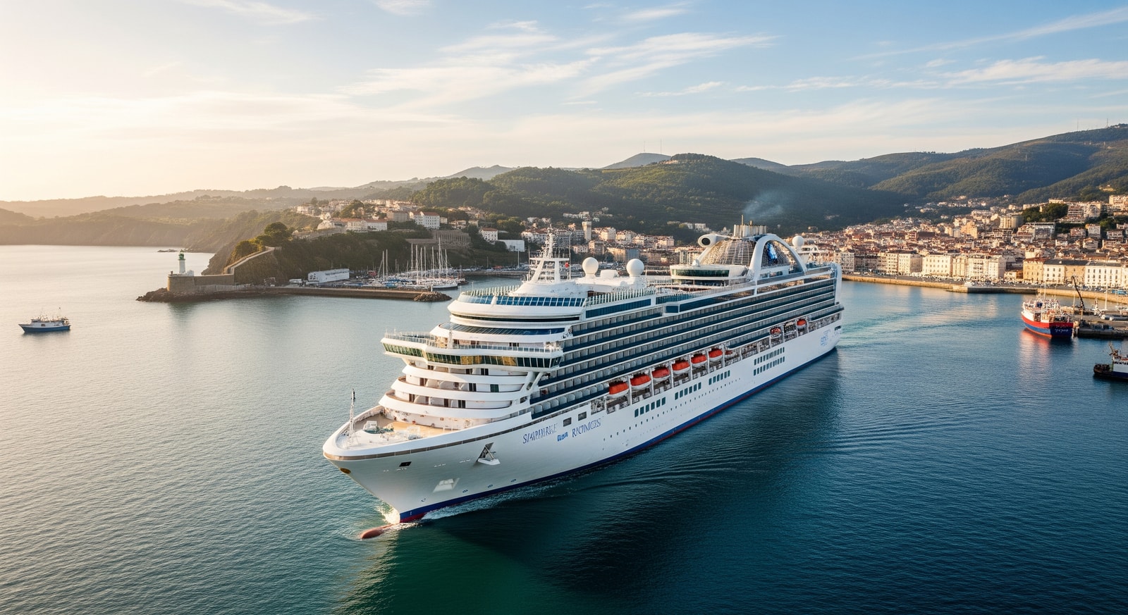 Sapphire Princess at sea off a coastal port during repositioning, highlighting cruise ship travel between continents