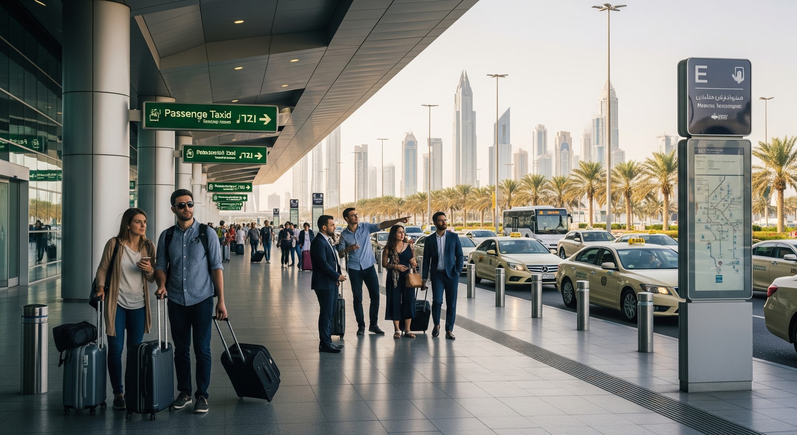 Passengers exiting a GCC airport terminal, illustrating stopover tourism and airport-to-city connectivity