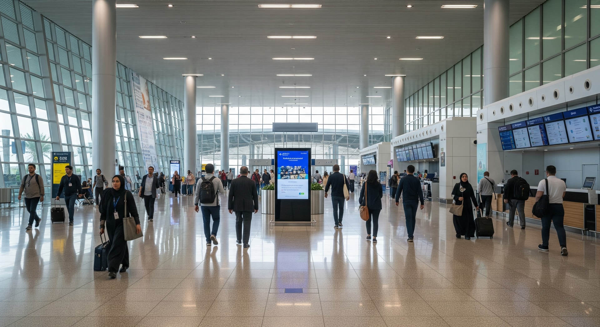 Passengers walking through a modern GCC airport terminal with digital signage
