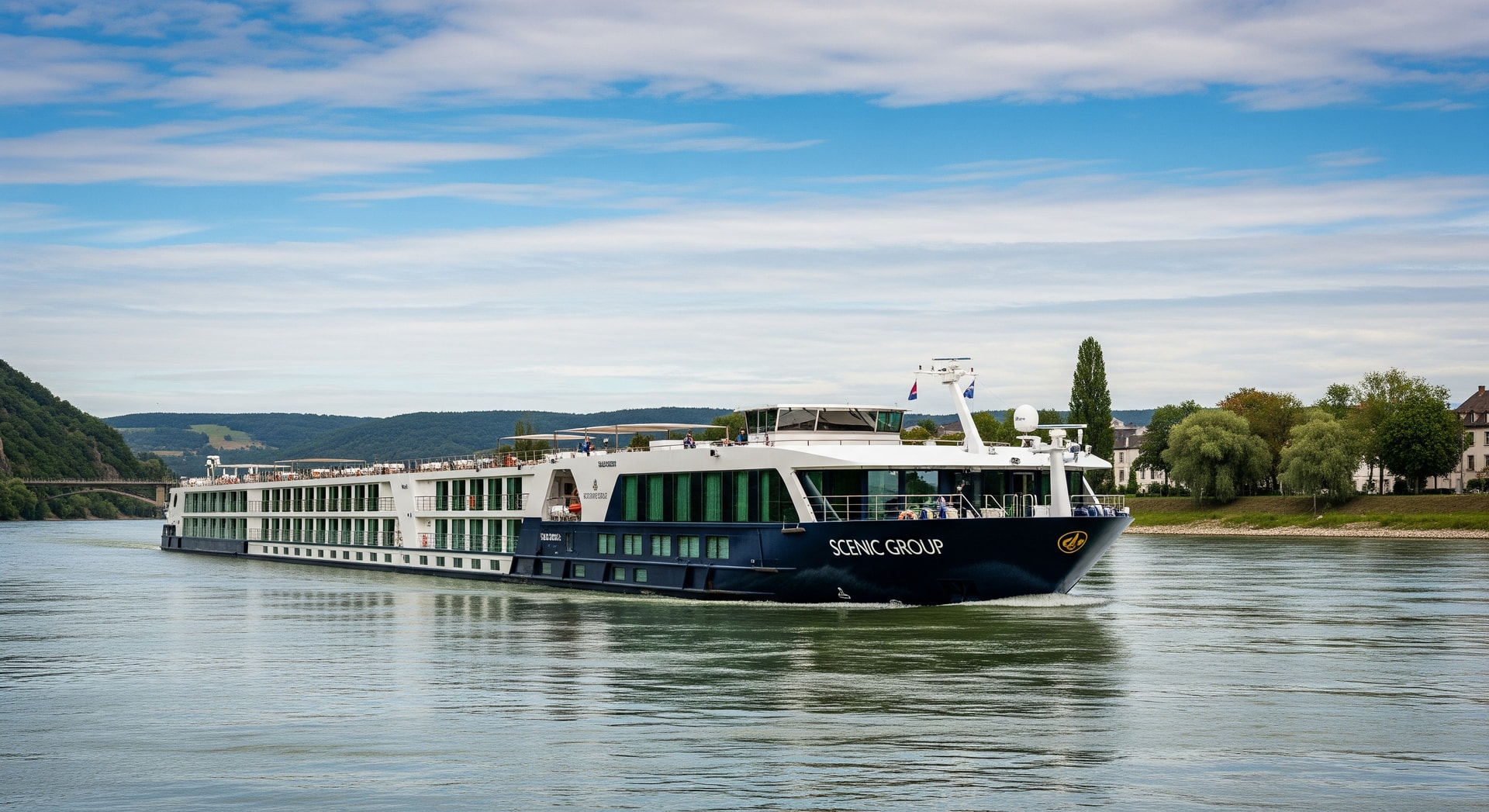 Scenic Group branding alongside a luxury river cruise ship