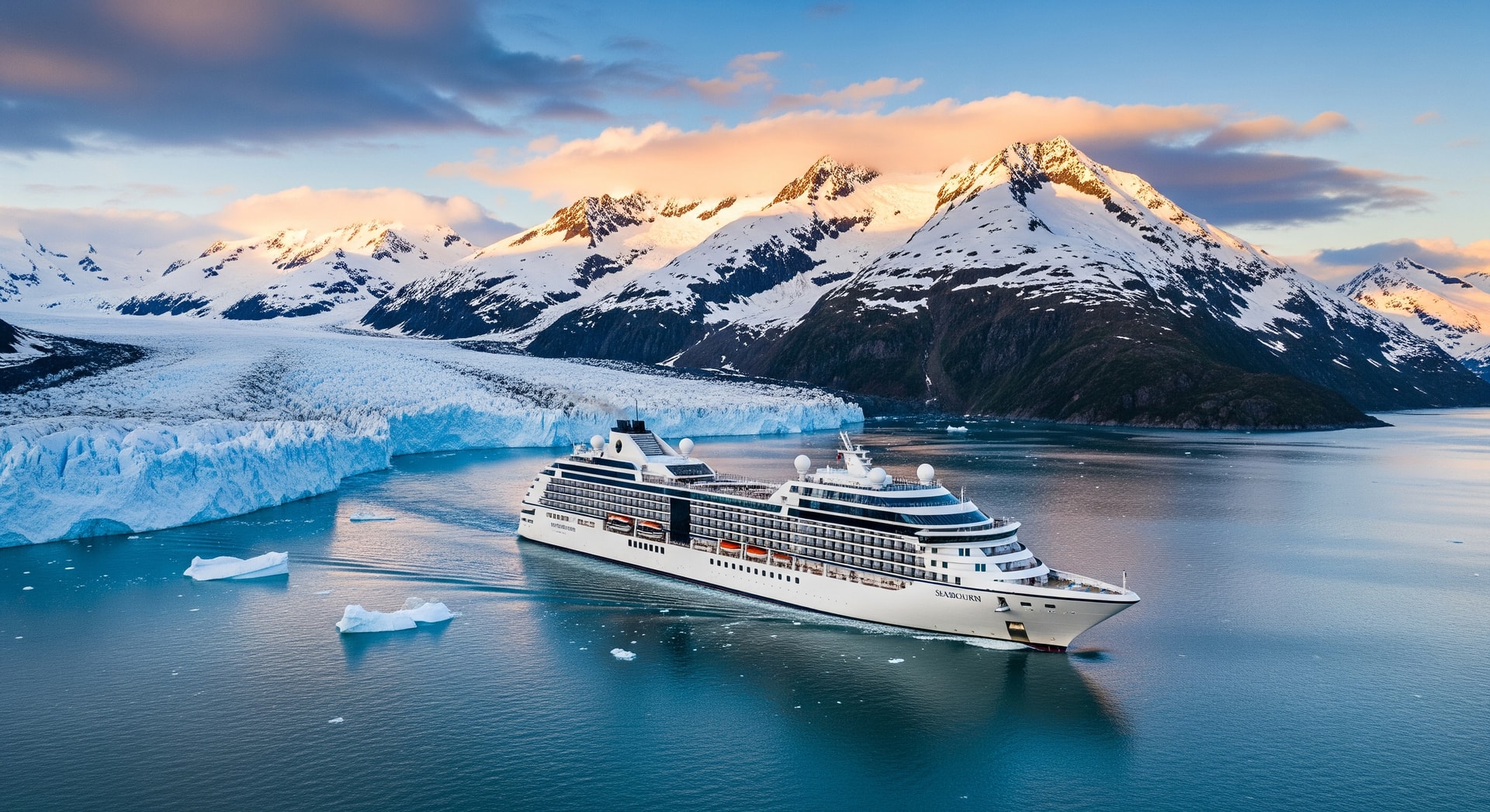 Seabourn Encore cruising near Alaskan glaciers with snow-capped peaks in the background