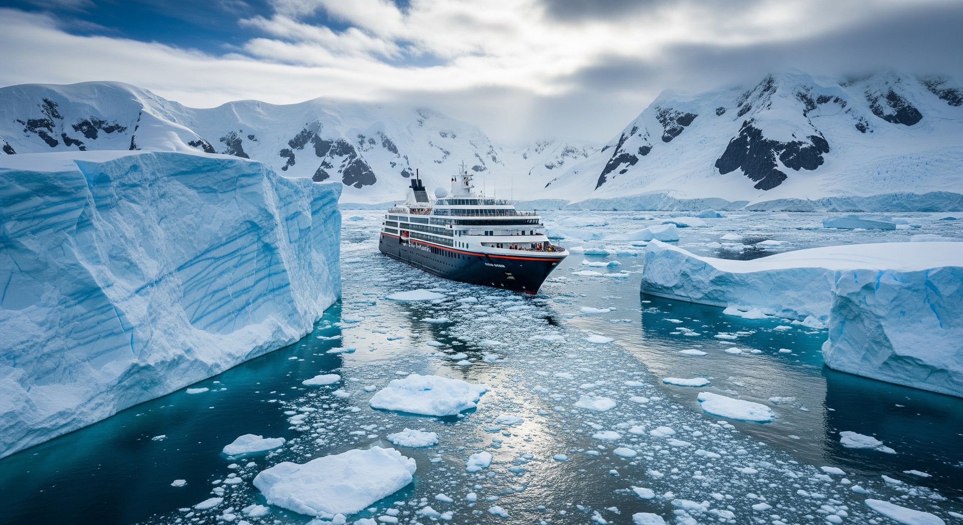 Seabourn Venture navigating icy Antarctic waters near glaciers