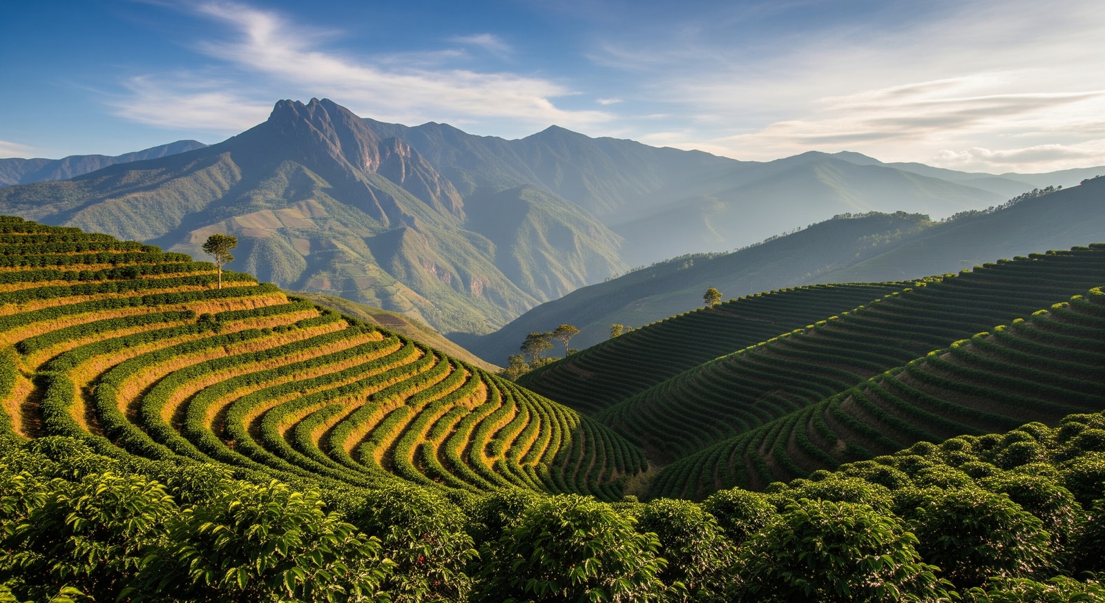 Coffee plantation terraces and mountainous landscape around Entrerrios, Antioquia