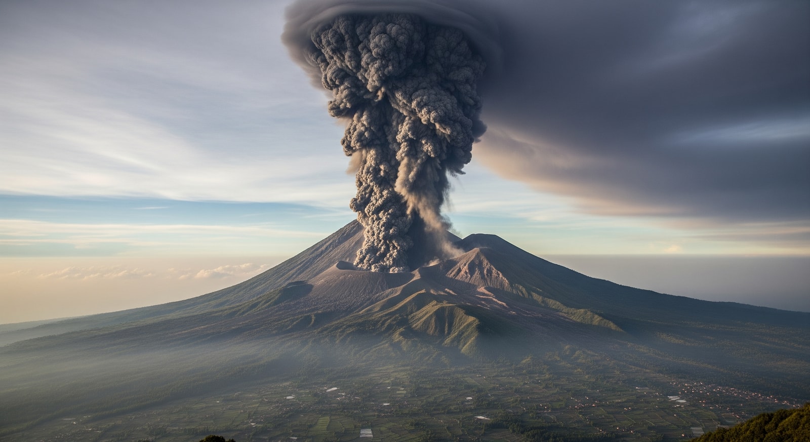 Plume of ash rising from Mount Semeru over East Java, Indonesia, impacting airspace and nearby areas