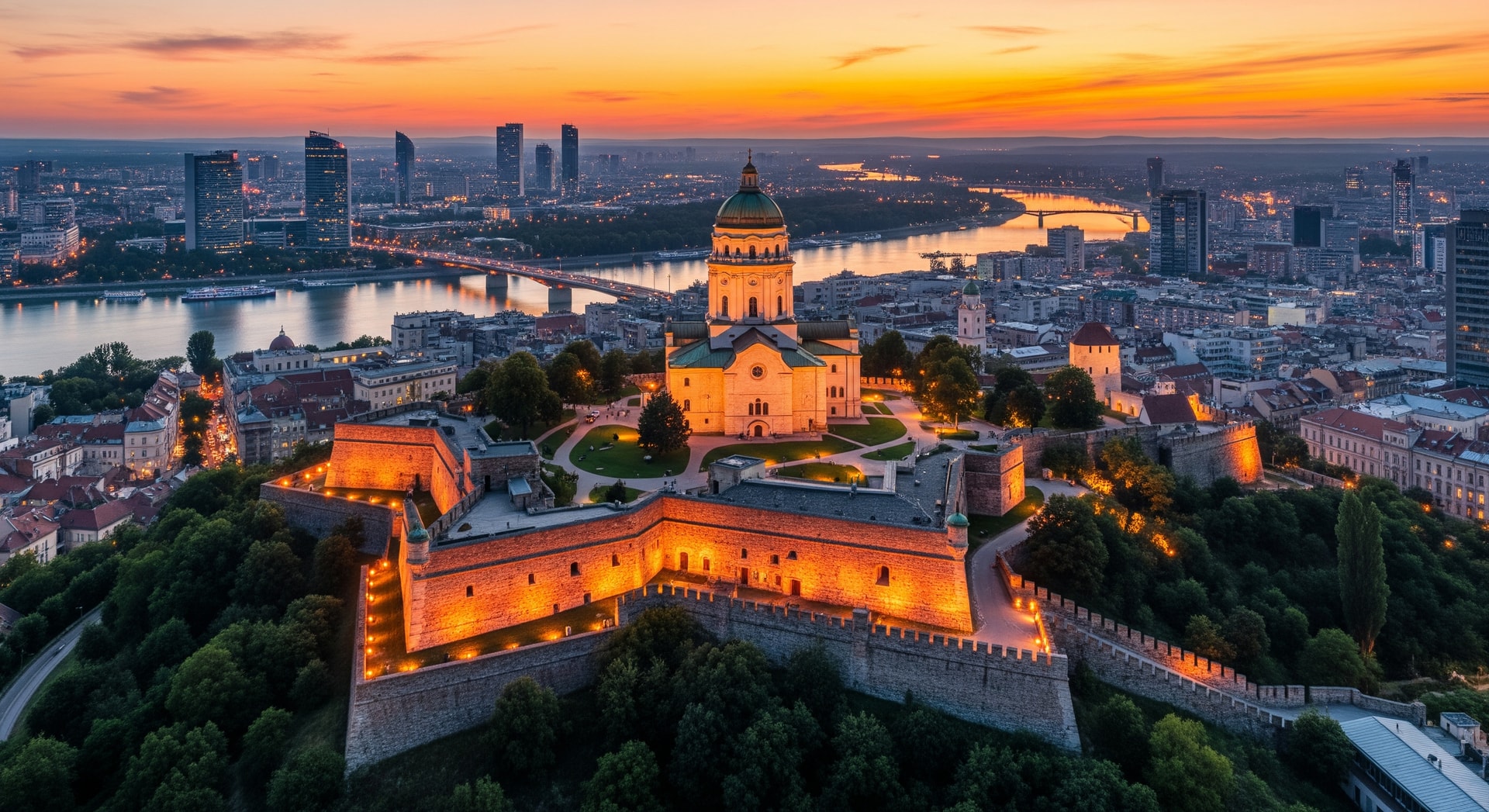 Belgrade skyline and Kalemegdan Fortress representing visa-free travel in Serbia
