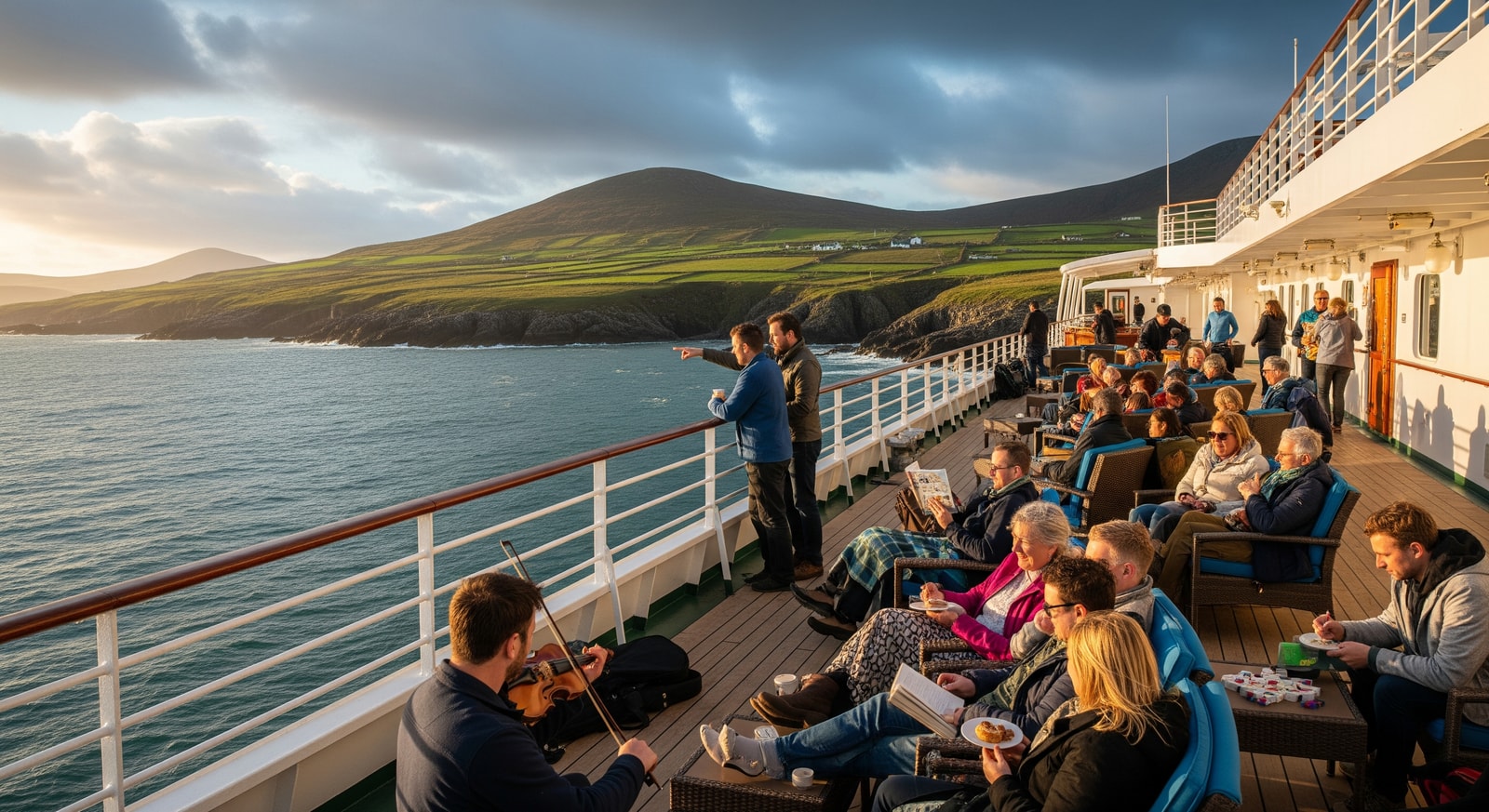 Passengers enjoying onboard entertainment and coastal views during an Irish mini-break cruise